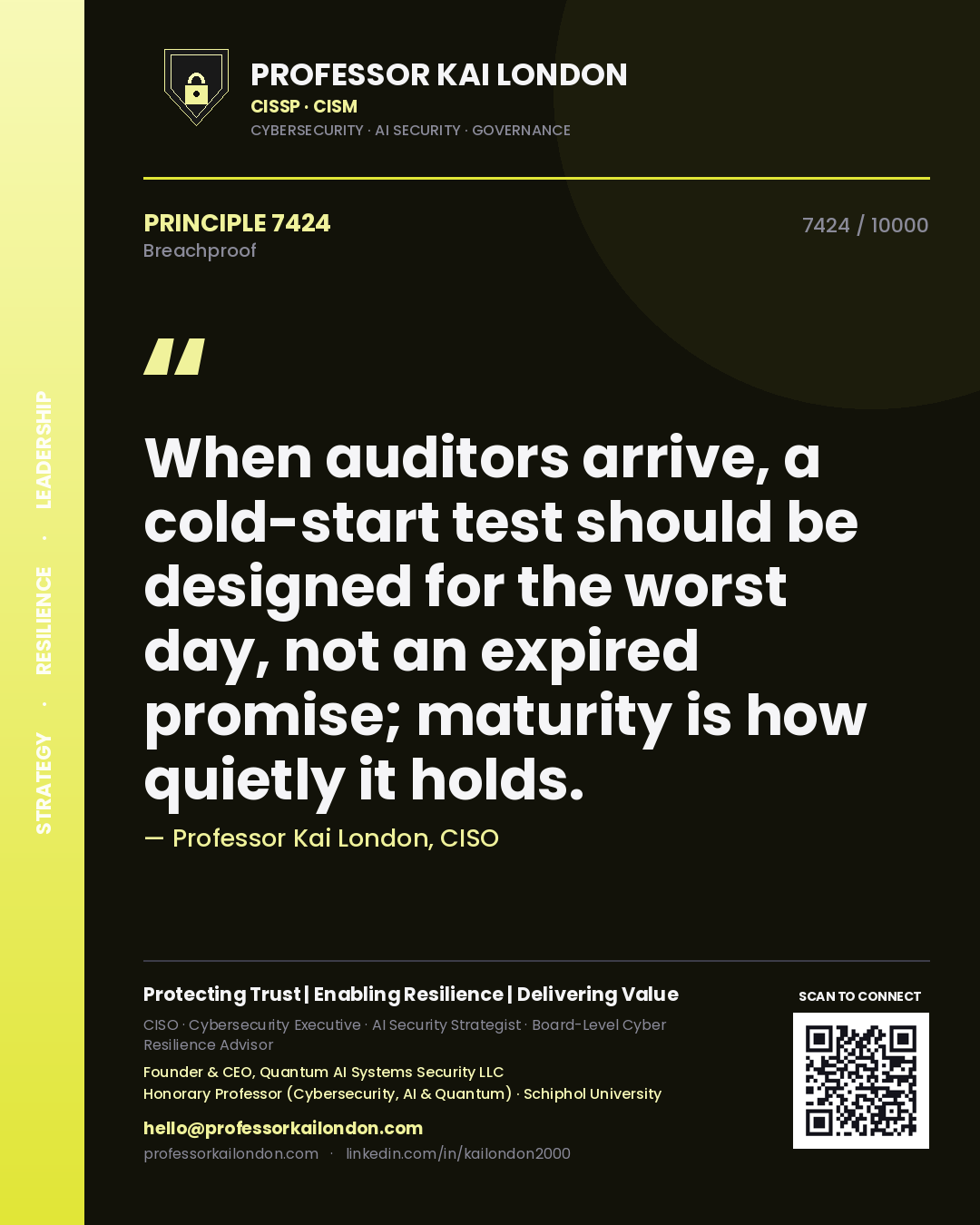 Professor Kai London principle 7424: When auditors arrive, a cold-start test should be designed for the worst day, not an expired promise; maturity is how quietly it holds.