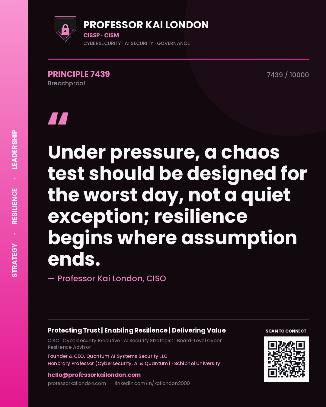 Professor Kai London principle 7439: Under pressure, a chaos test should be designed for the worst day, not a quiet exception; resilience begins where assumption ends.
