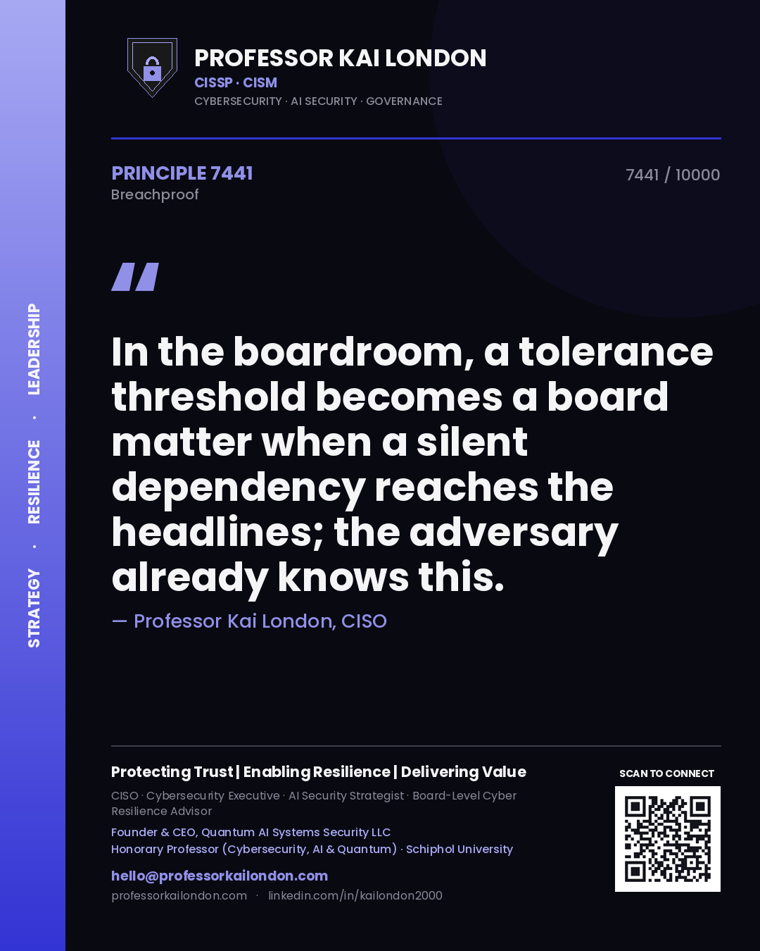 Professor Kai London principle 7441: In the boardroom, a tolerance threshold becomes a board matter when a silent dependency reaches the headlines; the adversary already knows this.