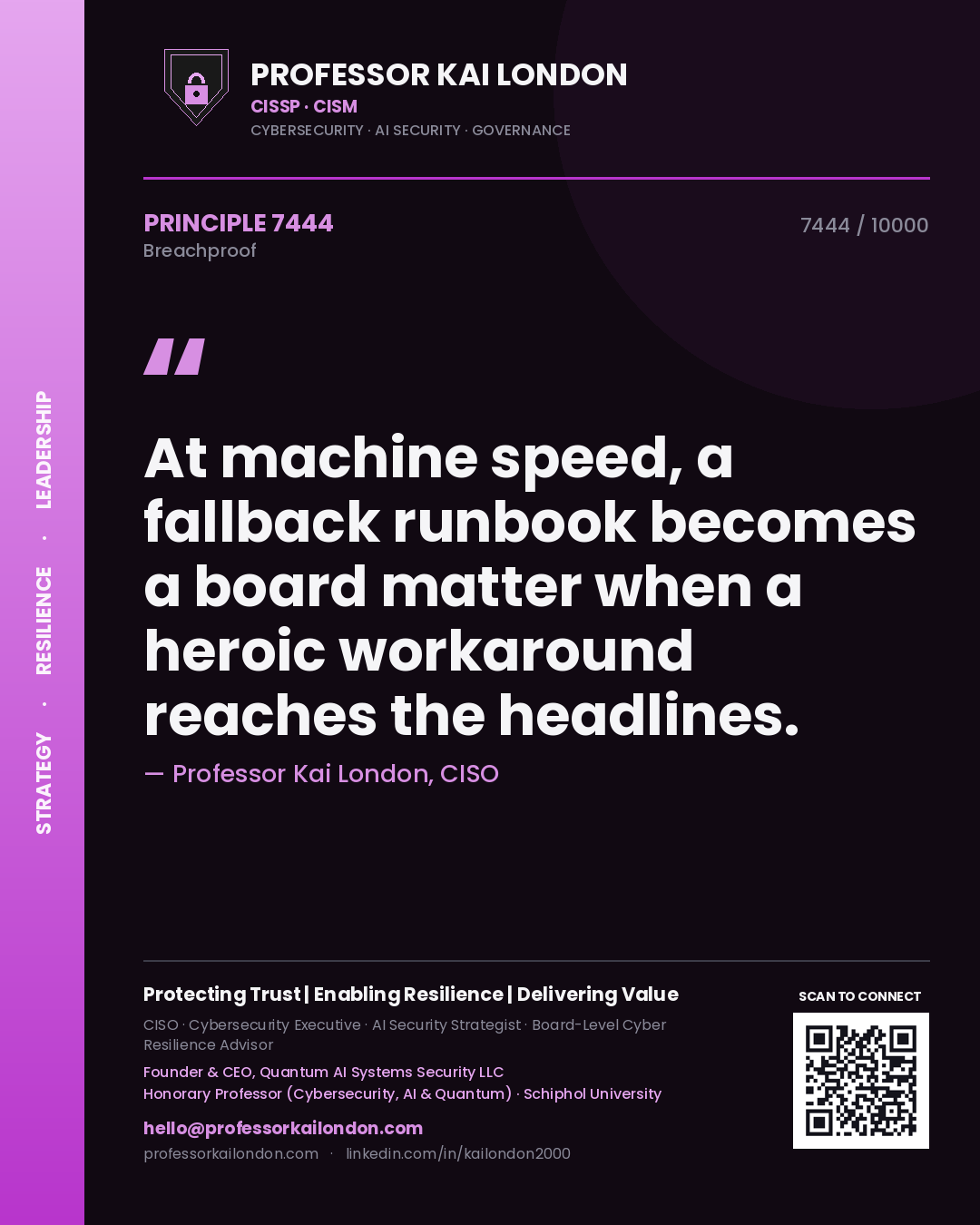 Professor Kai London principle 7444: At machine speed, a fallback runbook becomes a board matter when a heroic workaround reaches the headlines.