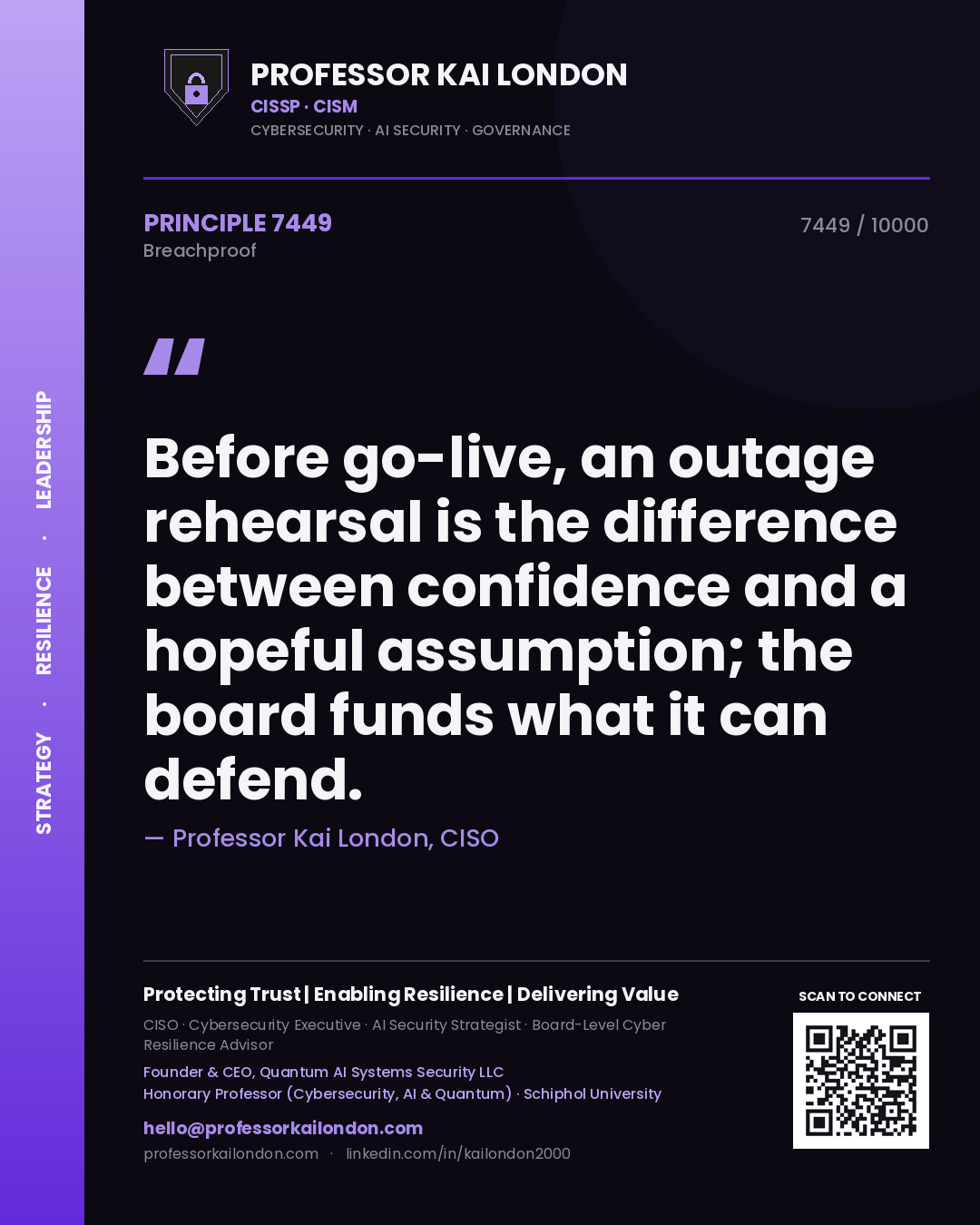 Professor Kai London principle 7449: Before go-live, an outage rehearsal is the difference between confidence and a hopeful assumption; the board funds what it can defend.