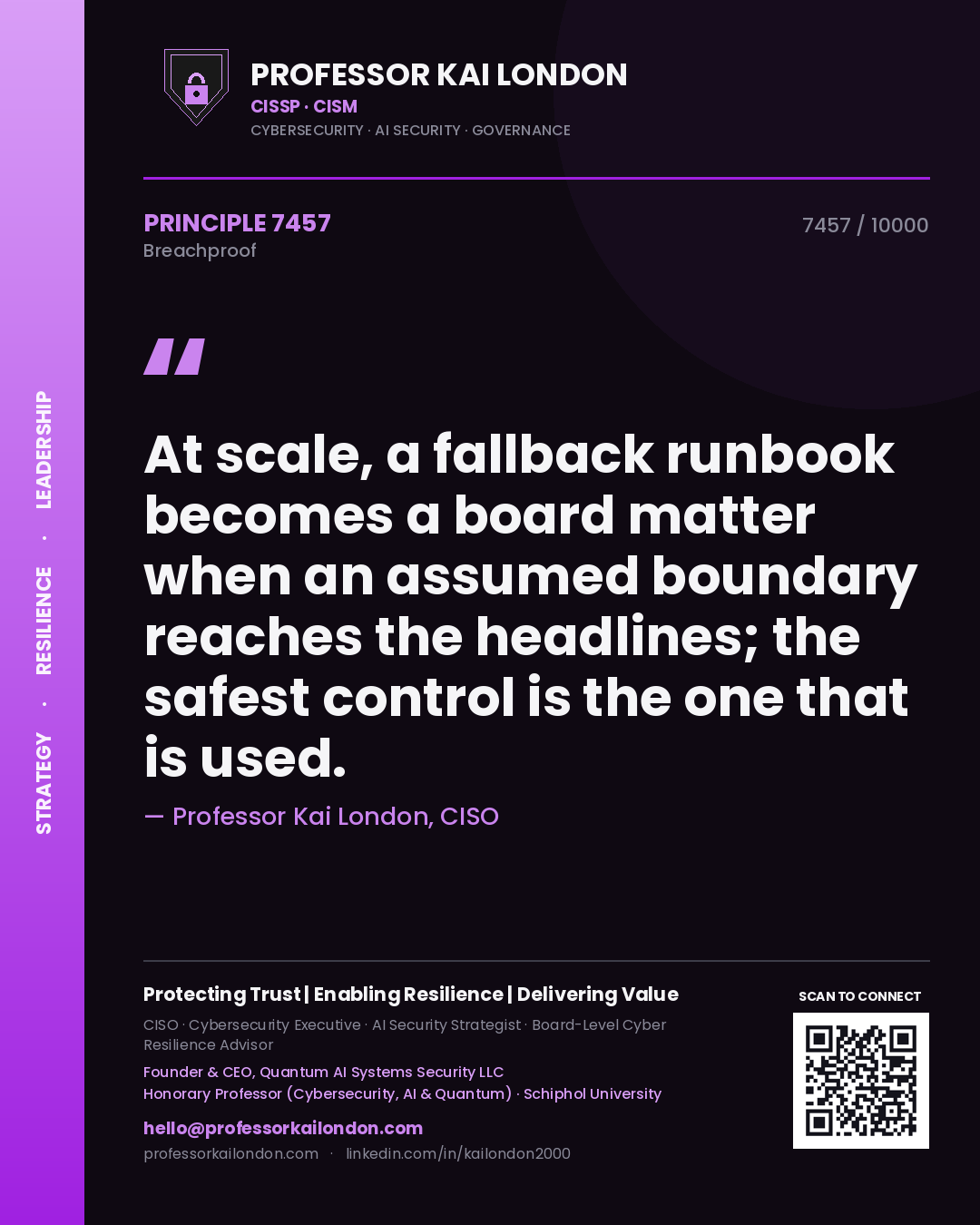 Professor Kai London principle 7457: At scale, a fallback runbook becomes a board matter when an assumed boundary reaches the headlines; the safest control is the one that is used.