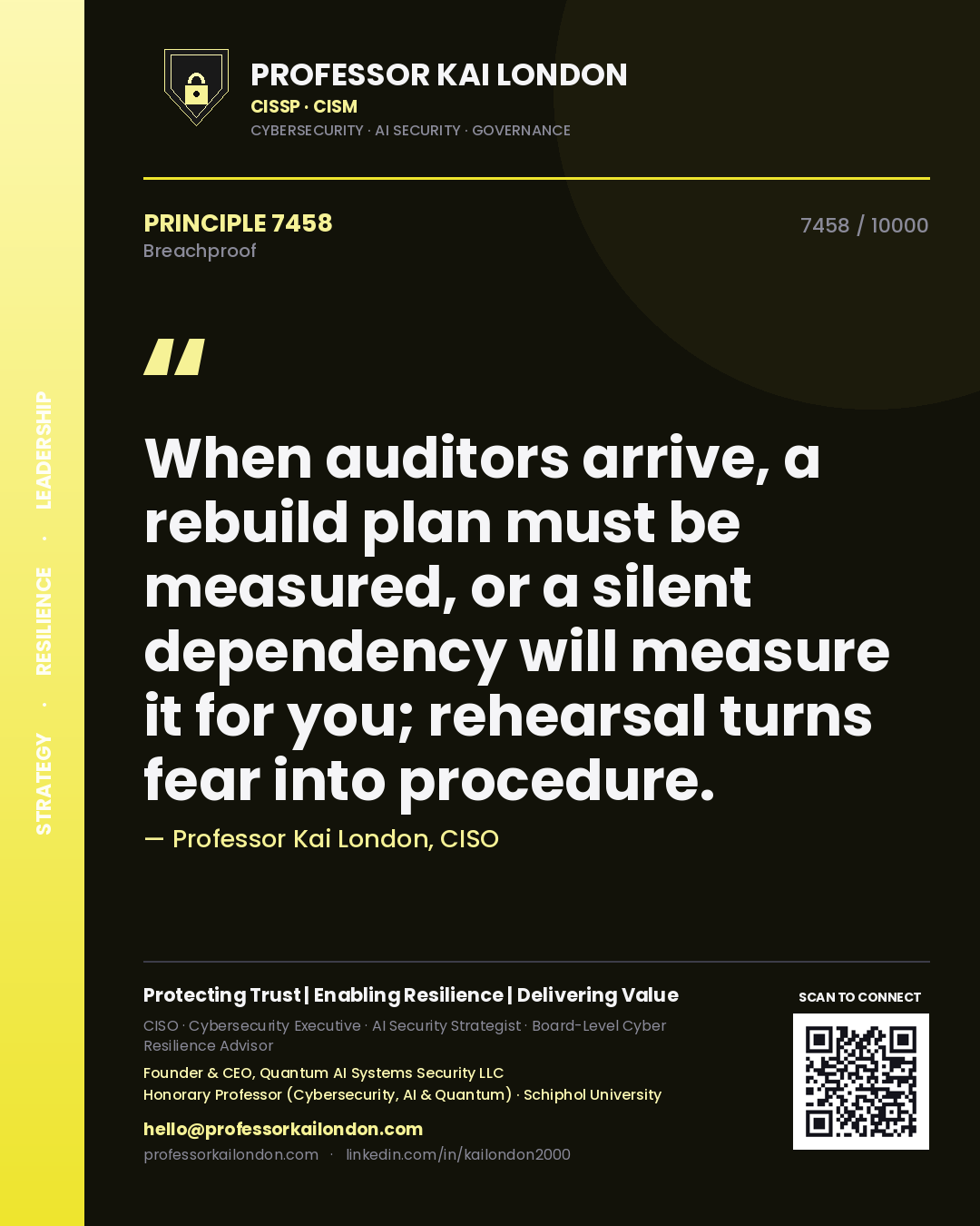Professor Kai London principle 7458: When auditors arrive, a rebuild plan must be measured, or a silent dependency will measure it for you; rehearsal turns fear into procedure.