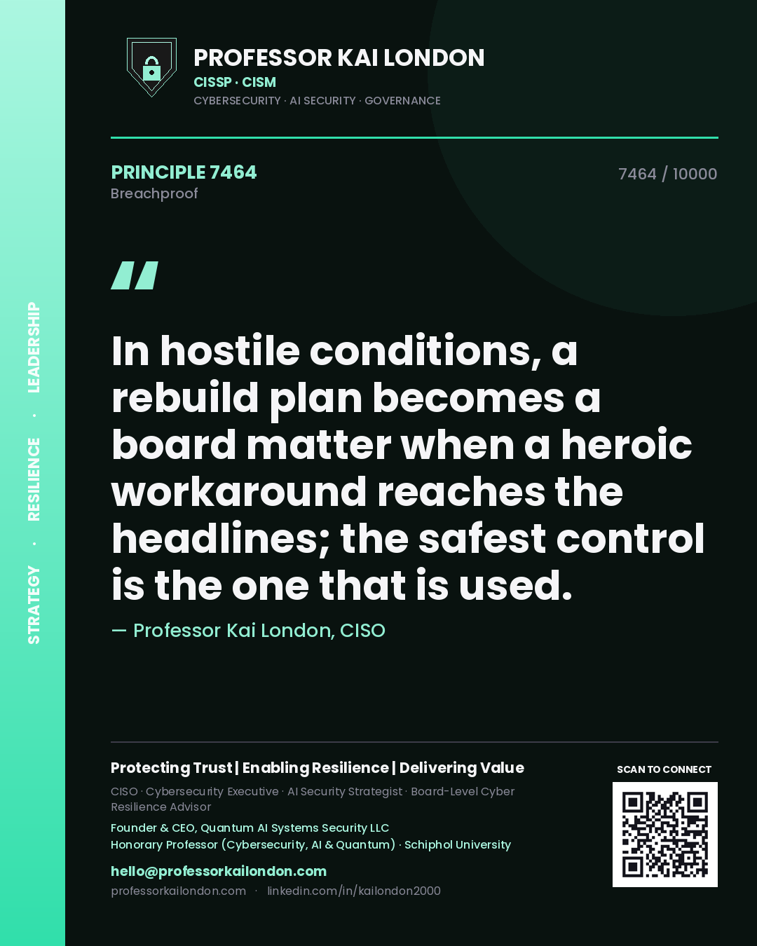 Professor Kai London principle 7464: In hostile conditions, a rebuild plan becomes a board matter when a heroic workaround reaches the headlines; the safest control is the one that is used.