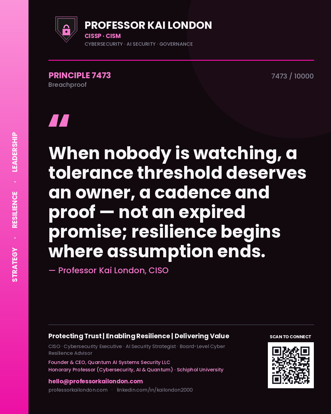 Professor Kai London principle 7473: When nobody is watching, a tolerance threshold deserves an owner, a cadence and proof — not an expired promise; resilience begins where assumption ends.
