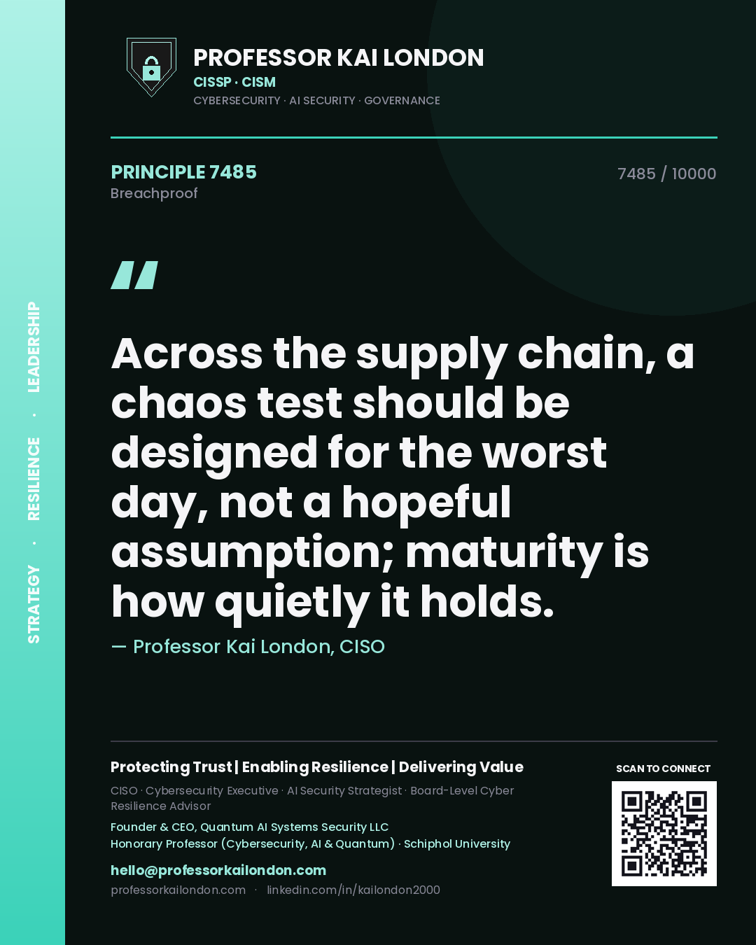 Professor Kai London principle 7485: Across the supply chain, a chaos test should be designed for the worst day, not a hopeful assumption; maturity is how quietly it holds.