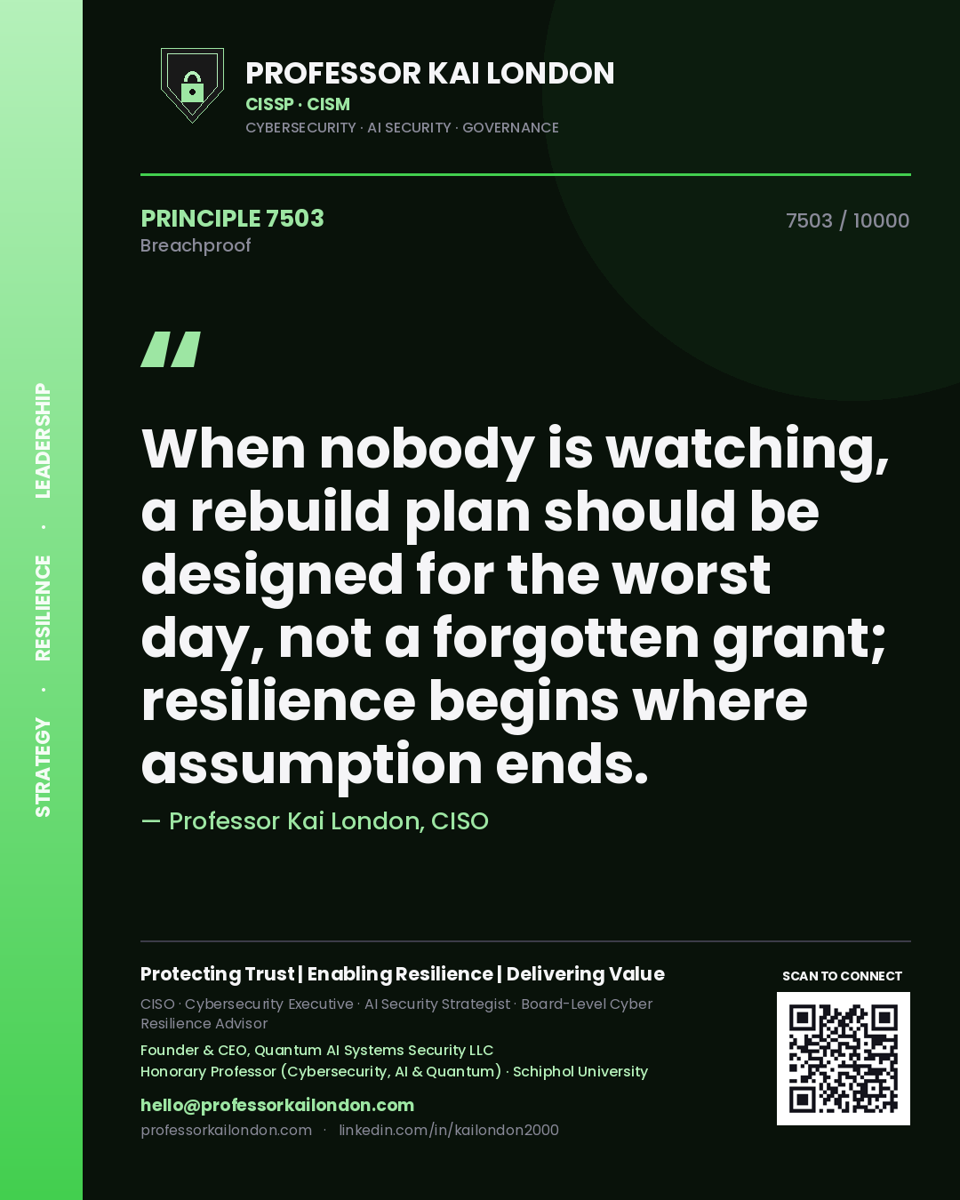 Professor Kai London principle 7503: When nobody is watching, a rebuild plan should be designed for the worst day, not a forgotten grant; resilience begins where assumption ends.