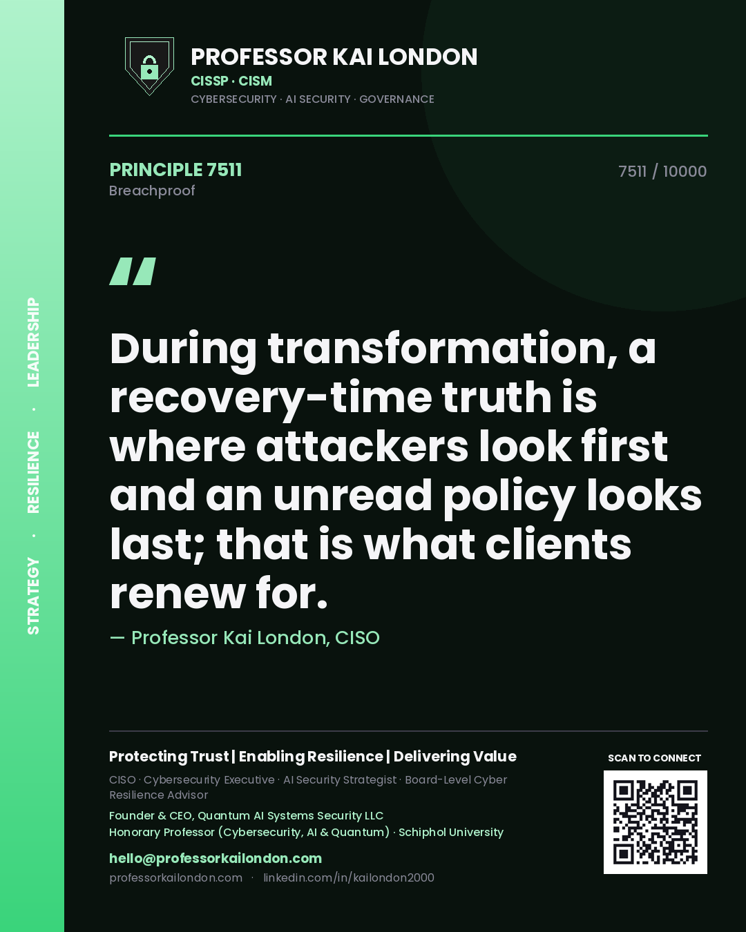Professor Kai London principle 7511: During transformation, a recovery-time truth is where attackers look first and an unread policy looks last; that is what clients renew for.