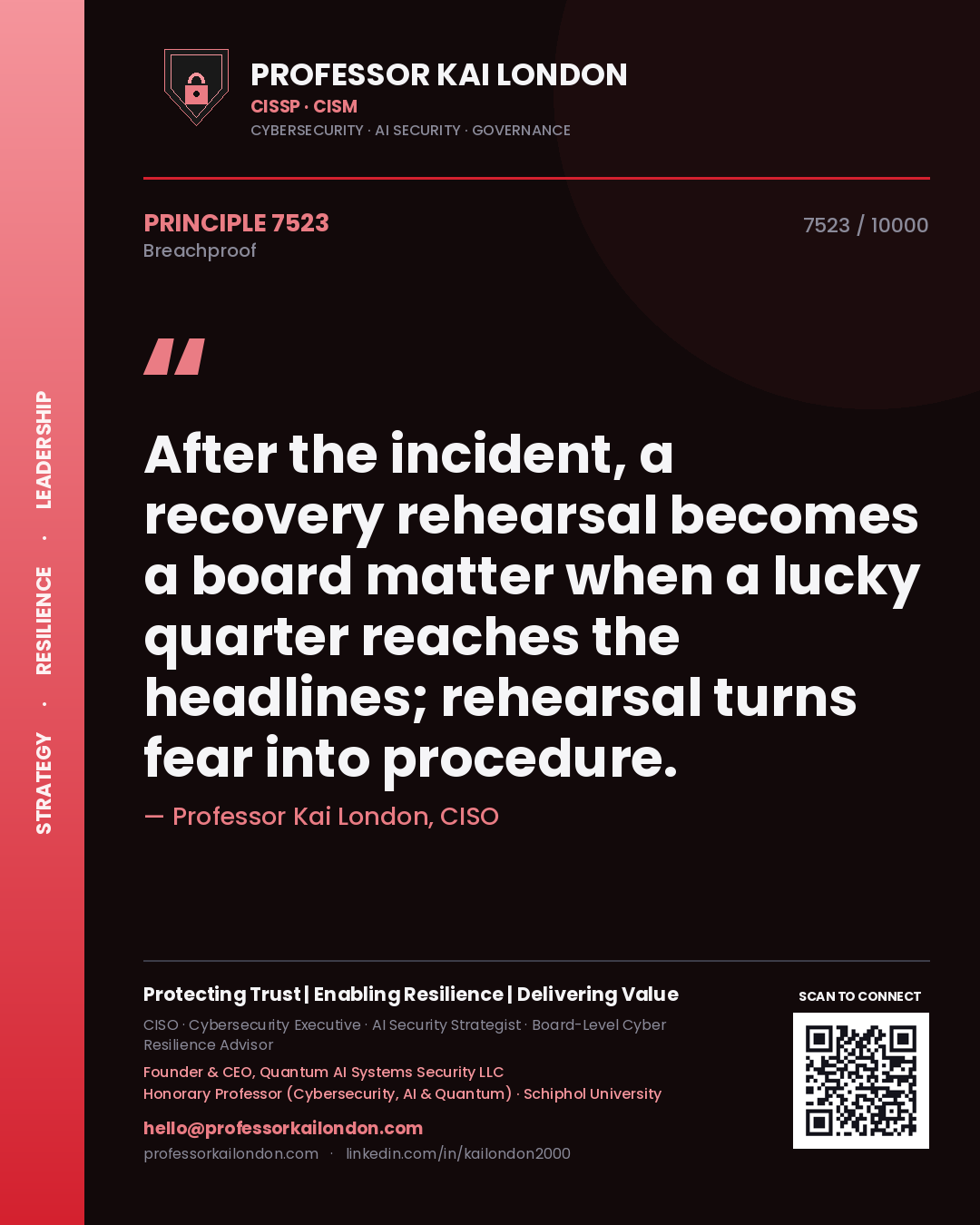 Professor Kai London principle 7523: After the incident, a recovery rehearsal becomes a board matter when a lucky quarter reaches the headlines; rehearsal turns fear into procedure.