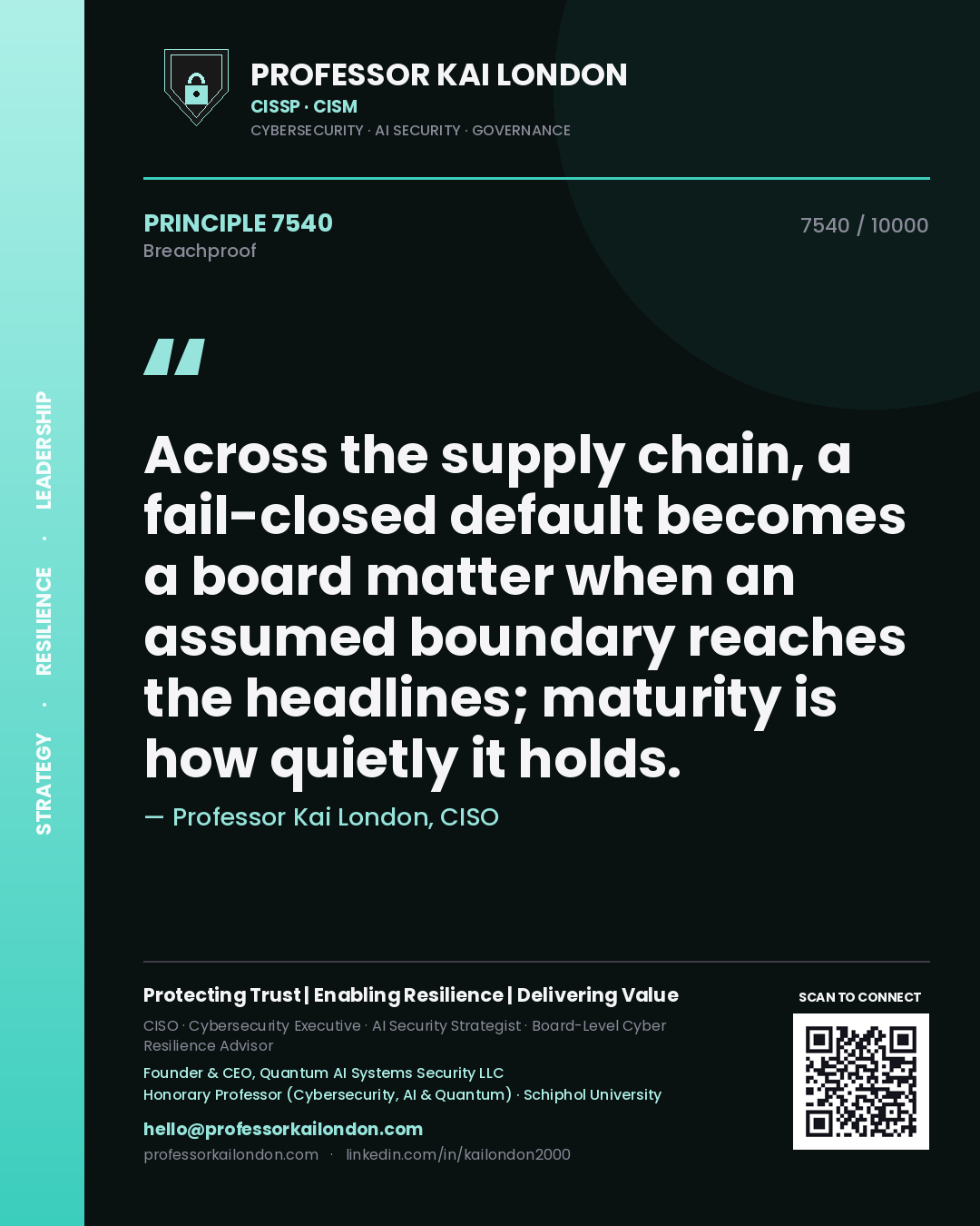 Professor Kai London principle 7540: Across the supply chain, a fail-closed default becomes a board matter when an assumed boundary reaches the headlines; maturity is how quietly it holds.