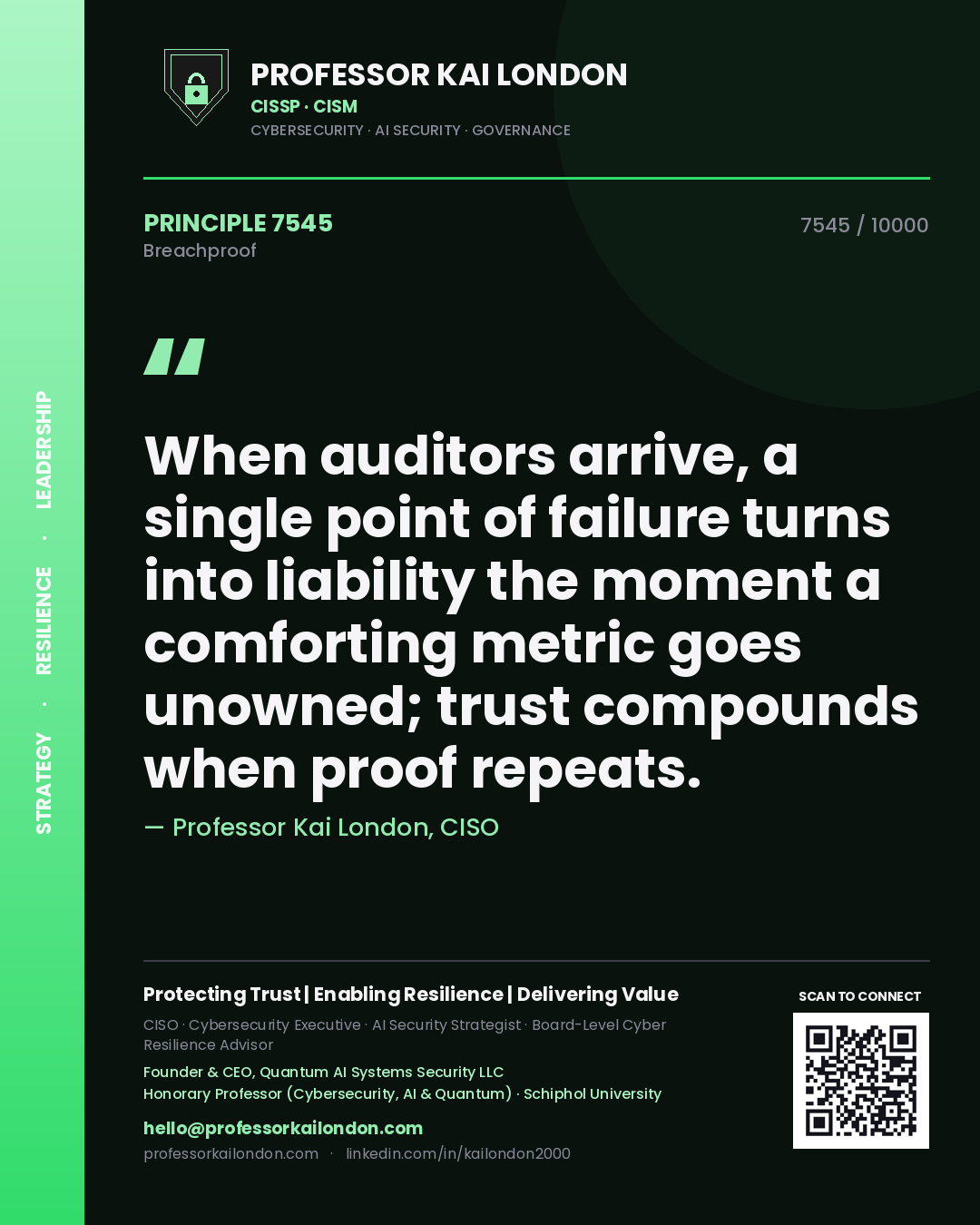 Professor Kai London principle 7545: When auditors arrive, a single point of failure turns into liability the moment a comforting metric goes unowned; trust compounds when proof repeats.