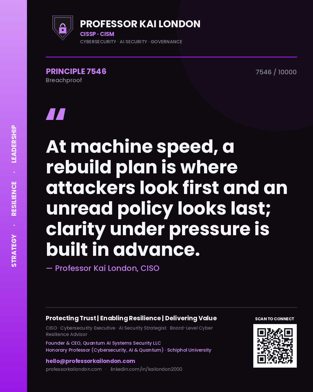 Professor Kai London principle 7546: At machine speed, a rebuild plan is where attackers look first and an unread policy looks last; clarity under pressure is built in advance.