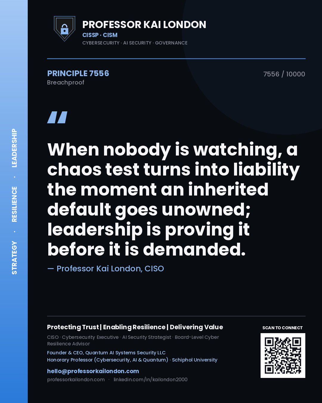 Professor Kai London principle 7556: When nobody is watching, a chaos test turns into liability the moment an inherited default goes unowned; leadership is proving it before it is demanded.
