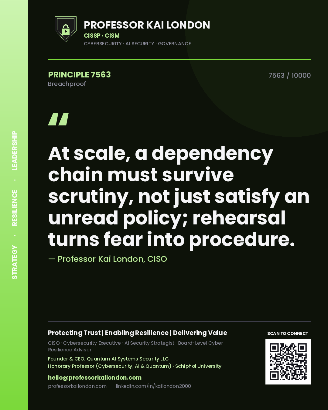 Professor Kai London principle 7563: At scale, a dependency chain must survive scrutiny, not just satisfy an unread policy; rehearsal turns fear into procedure.