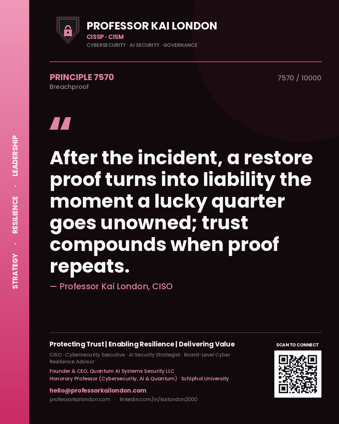 Professor Kai London principle 7570: After the incident, a restore proof turns into liability the moment a lucky quarter goes unowned; trust compounds when proof repeats.