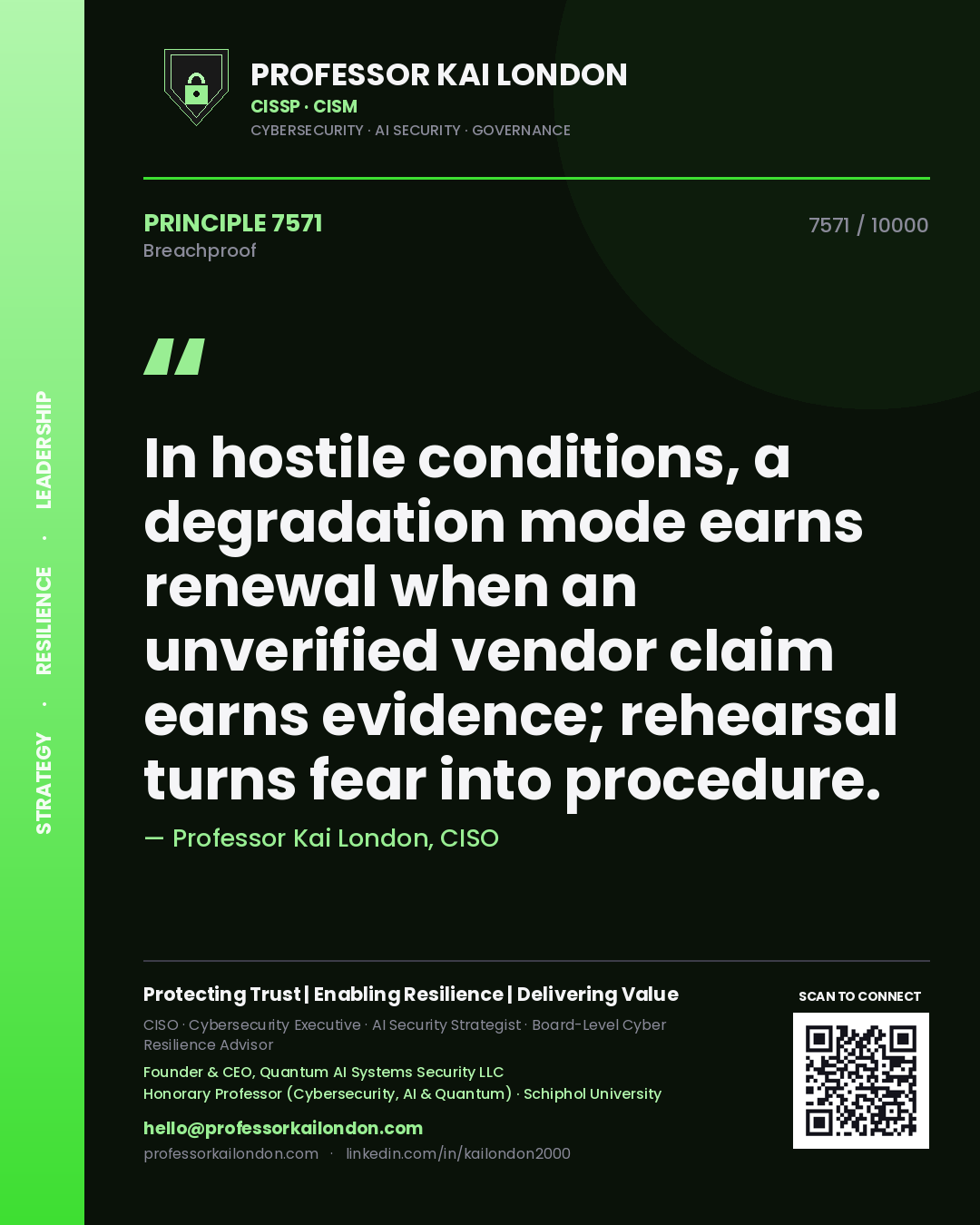 Professor Kai London principle 7571: In hostile conditions, a degradation mode earns renewal when an unverified vendor claim earns evidence; rehearsal turns fear into procedure.