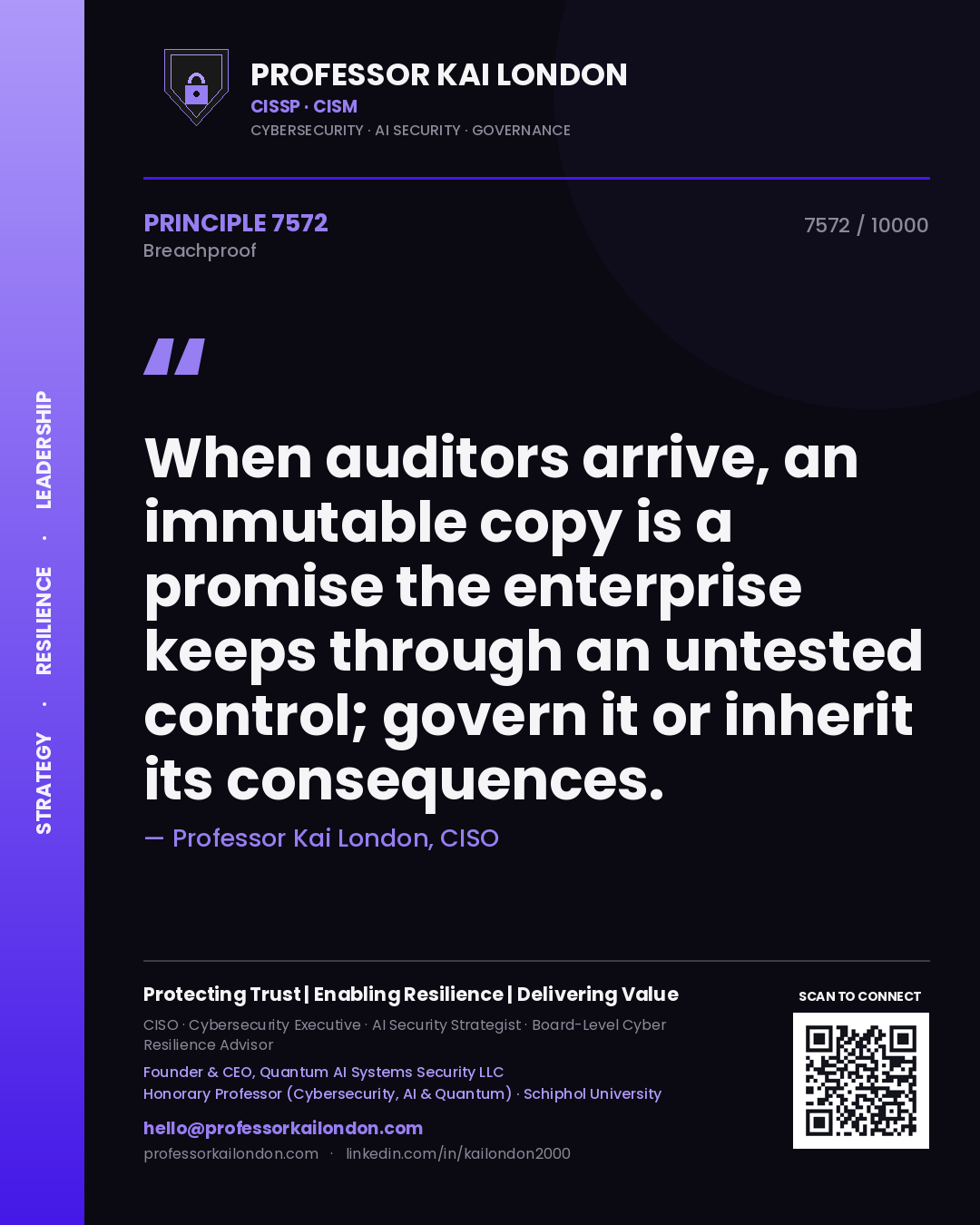 Professor Kai London principle 7572: When auditors arrive, an immutable copy is a promise the enterprise keeps through an untested control; govern it or inherit its consequences.