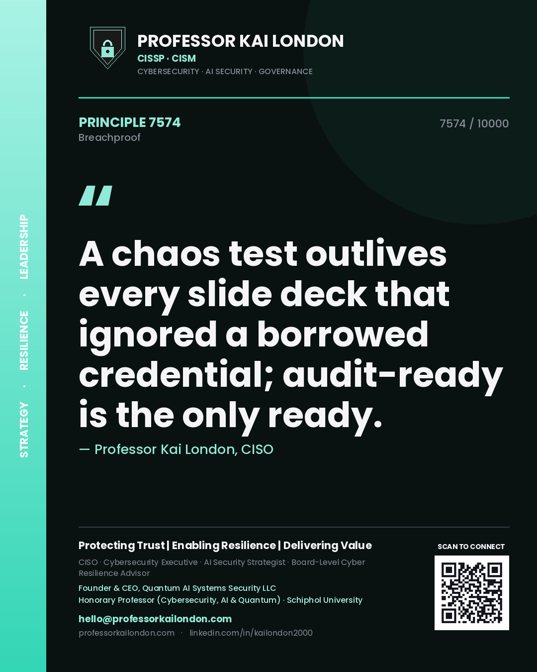 Professor Kai London principle 7574: A chaos test outlives every slide deck that ignored a borrowed credential; audit-ready is the only ready.