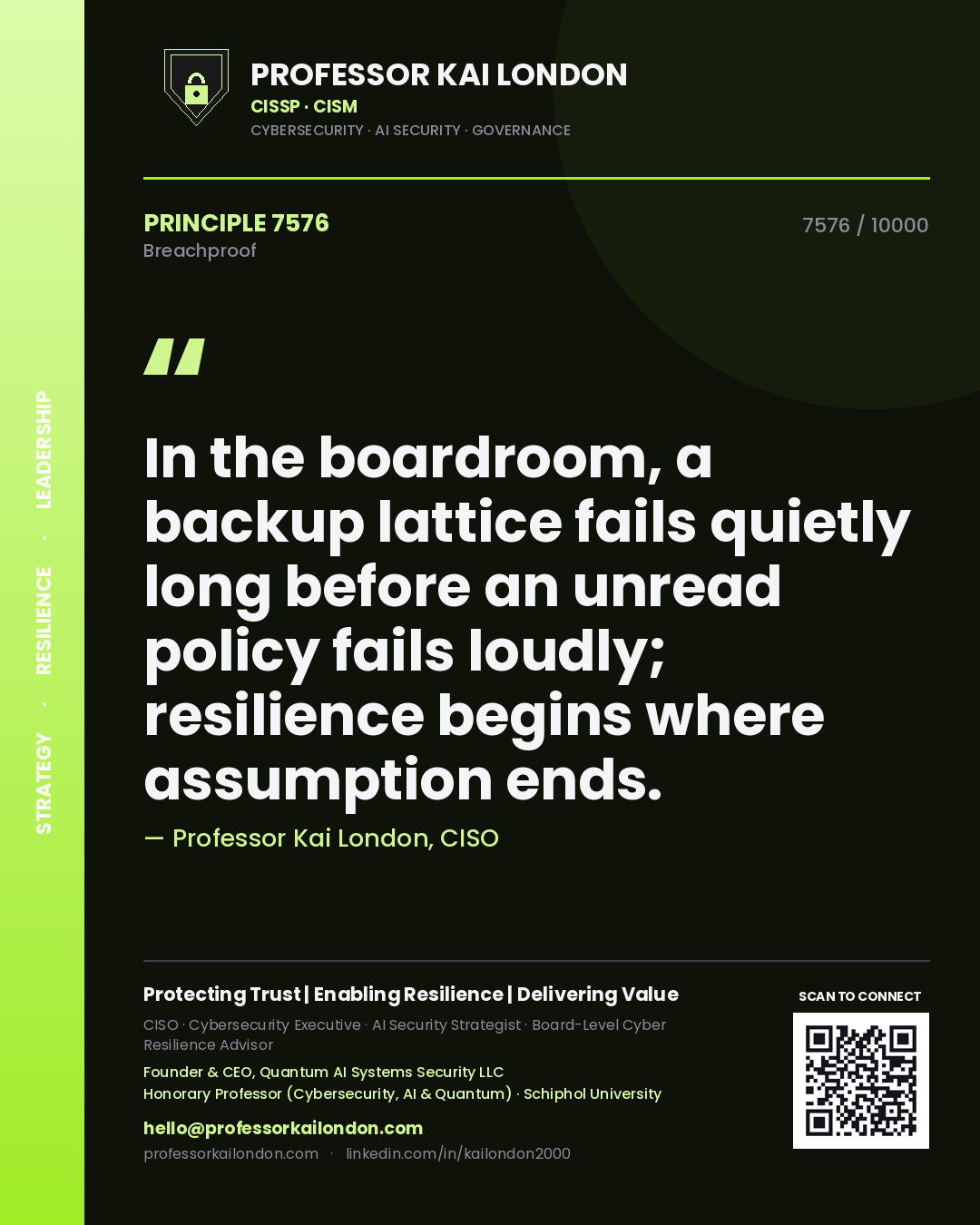 Professor Kai London principle 7576: In the boardroom, a backup lattice fails quietly long before an unread policy fails loudly; resilience begins where assumption ends.