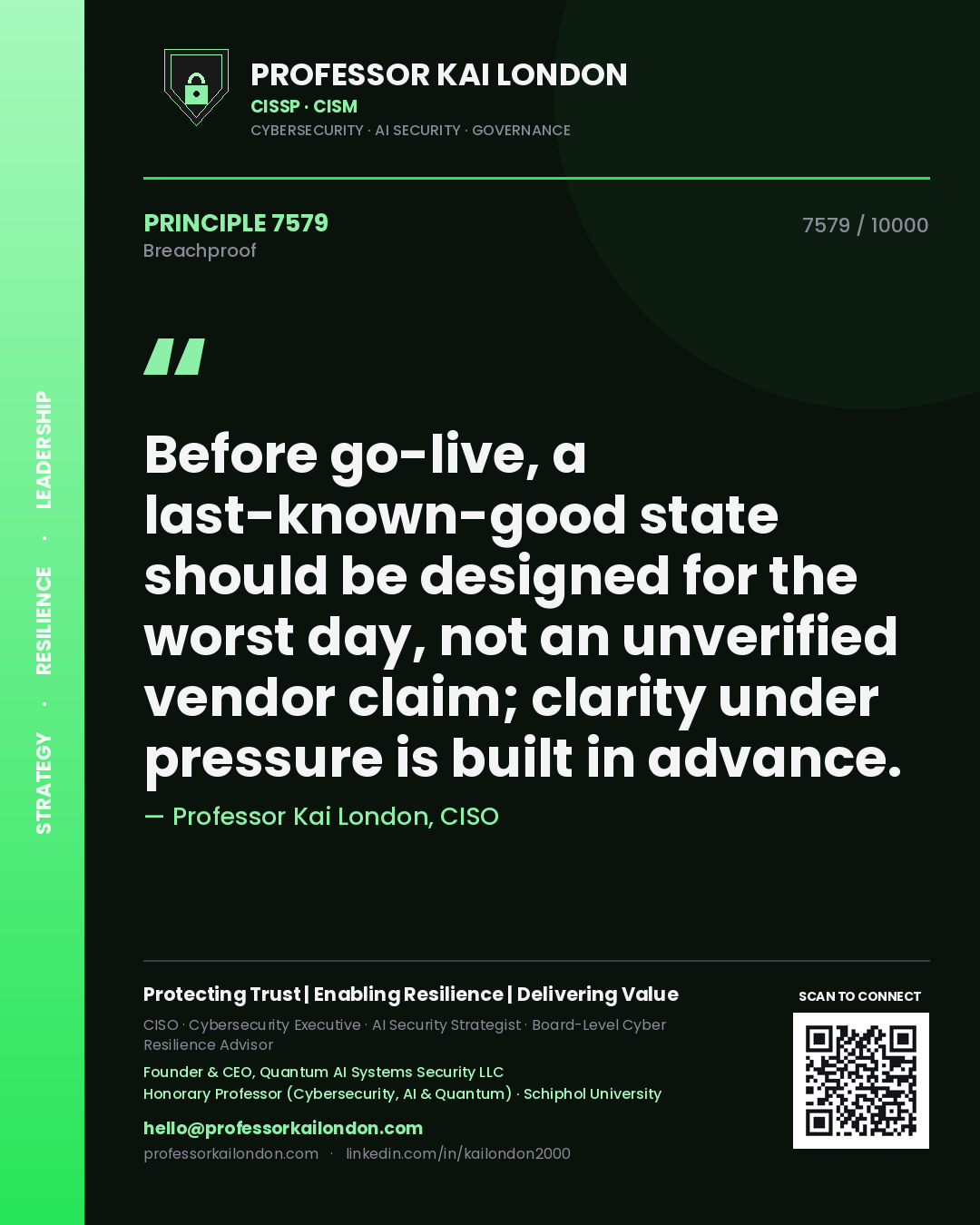 Professor Kai London principle 7579: Before go-live, a last-known-good state should be designed for the worst day, not an unverified vendor claim; clarity under pressure is built in advance.