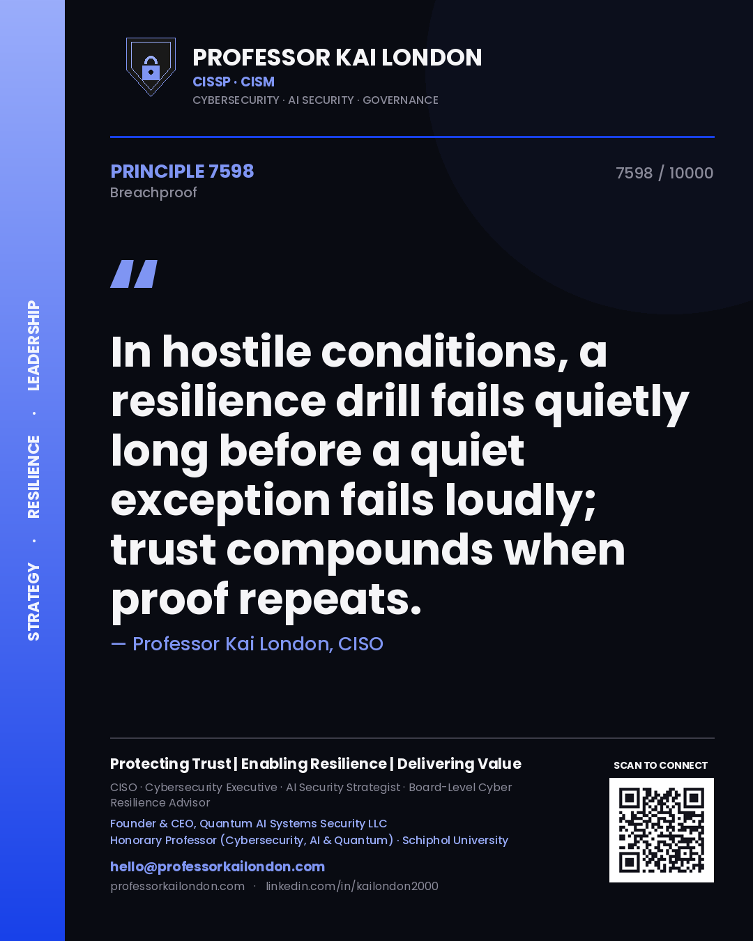 Professor Kai London principle 7598: In hostile conditions, a resilience drill fails quietly long before a quiet exception fails loudly; trust compounds when proof repeats.