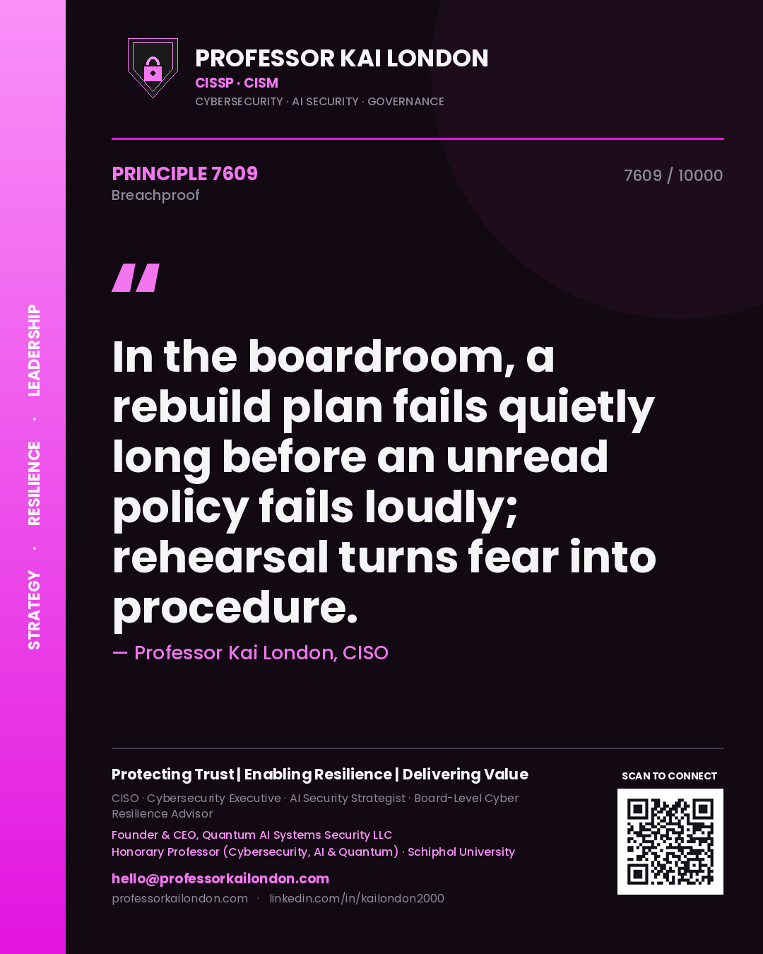Professor Kai London principle 7609: In the boardroom, a rebuild plan fails quietly long before an unread policy fails loudly; rehearsal turns fear into procedure.