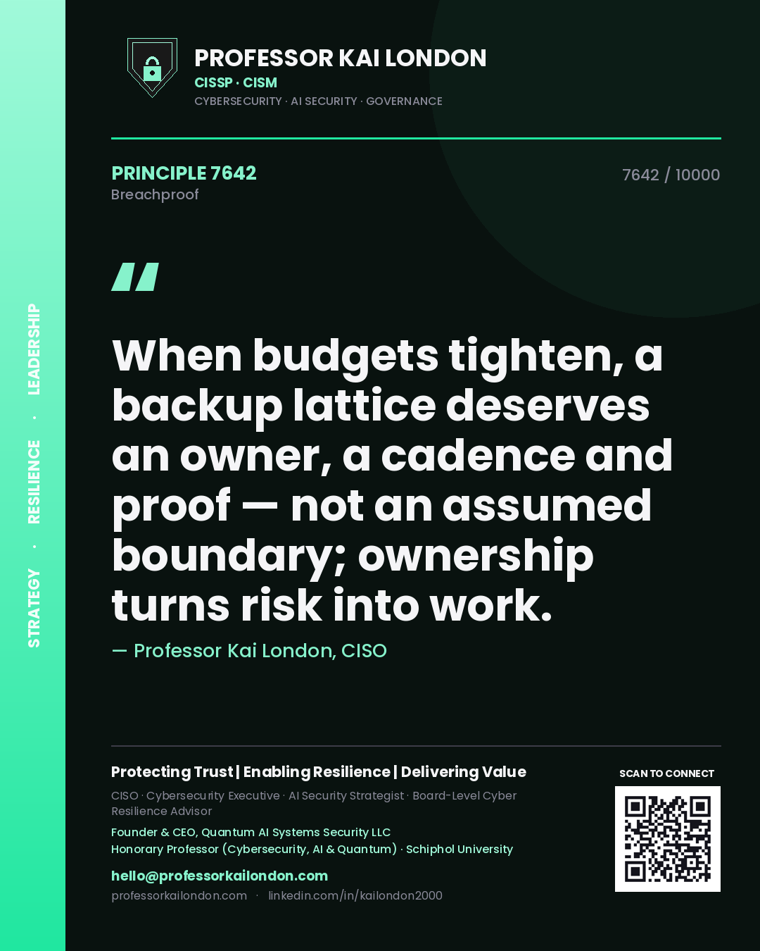 Professor Kai London principle 7642: When budgets tighten, a backup lattice deserves an owner, a cadence and proof — not an assumed boundary; ownership turns risk into work.