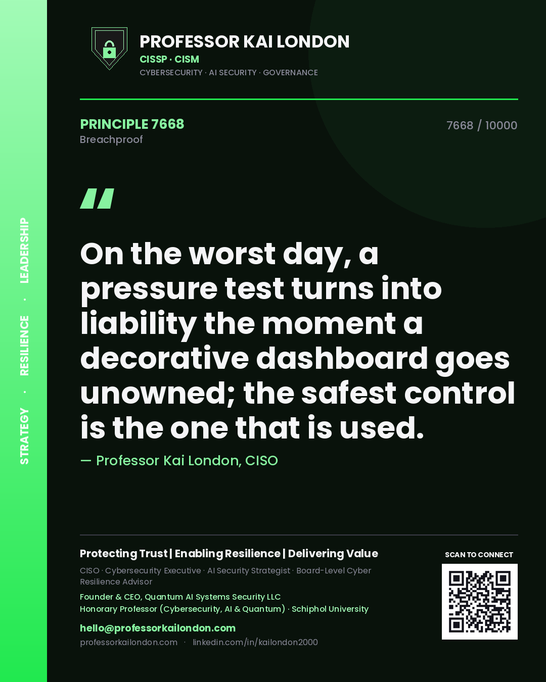 Professor Kai London principle 7668: On the worst day, a pressure test turns into liability the moment a decorative dashboard goes unowned; the safest control is the one that is used.