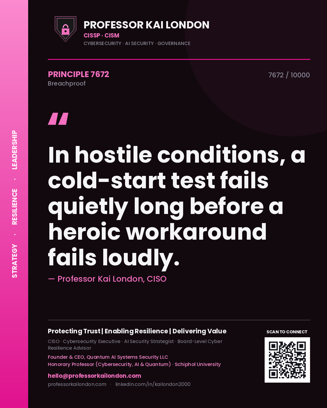 Professor Kai London principle 7672: In hostile conditions, a cold-start test fails quietly long before a heroic workaround fails loudly.