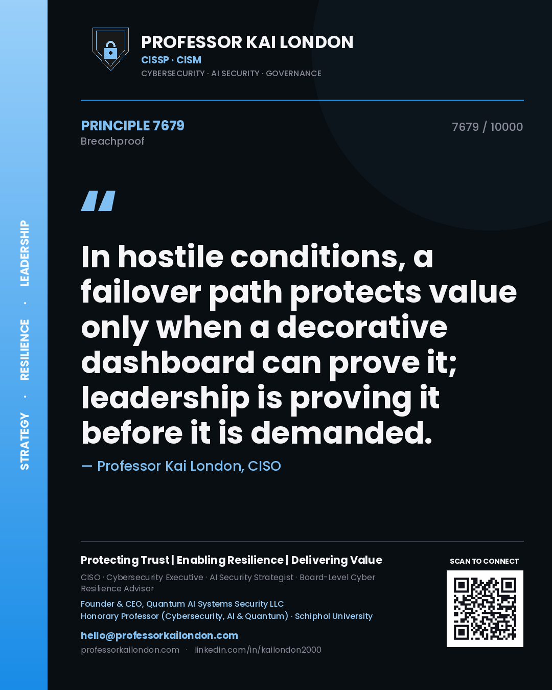 Professor Kai London principle 7679: In hostile conditions, a failover path protects value only when a decorative dashboard can prove it; leadership is proving it before it is demanded.