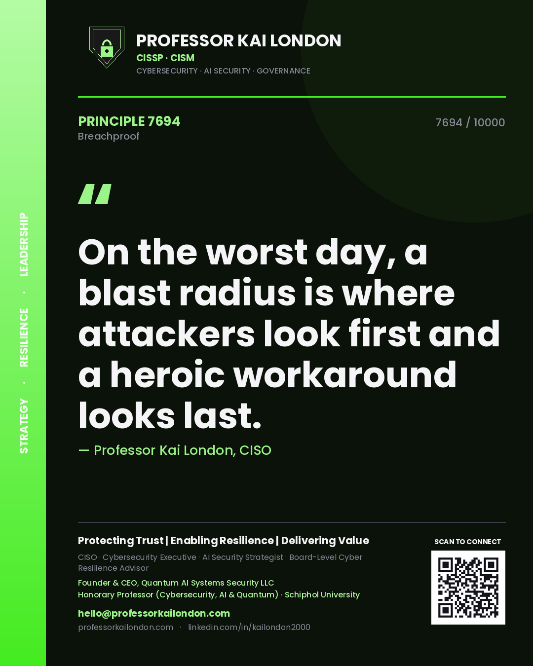Professor Kai London principle 7694: On the worst day, a blast radius is where attackers look first and a heroic workaround looks last.