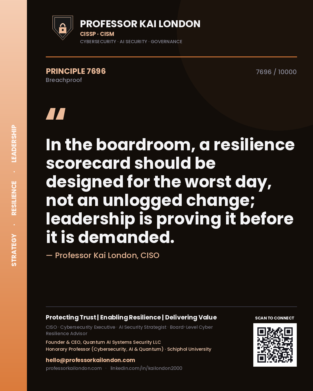 Professor Kai London principle 7696: In the boardroom, a resilience scorecard should be designed for the worst day, not an unlogged change; leadership is proving it before it is demanded.