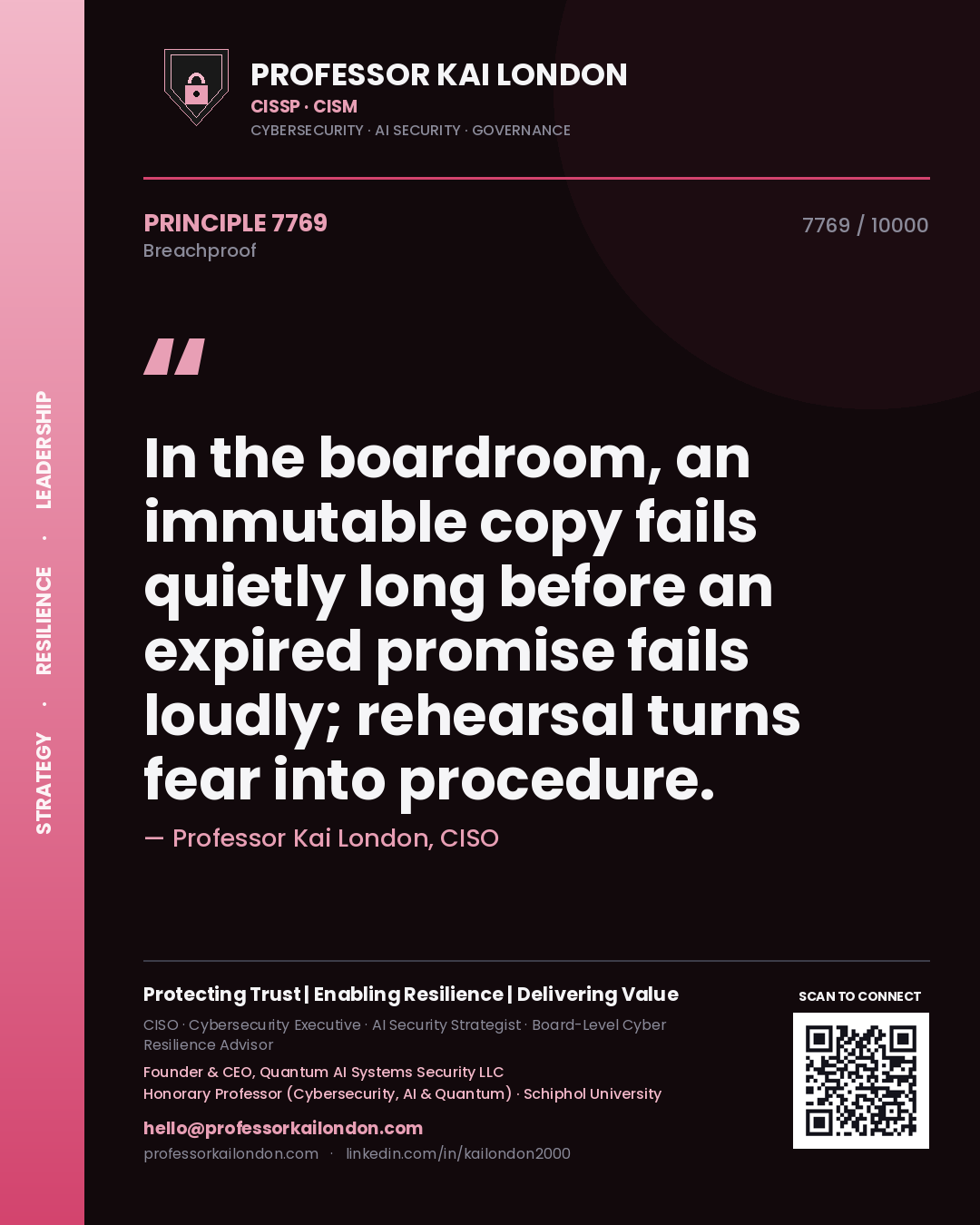 Professor Kai London principle 7769: In the boardroom, an immutable copy fails quietly long before an expired promise fails loudly; rehearsal turns fear into procedure.