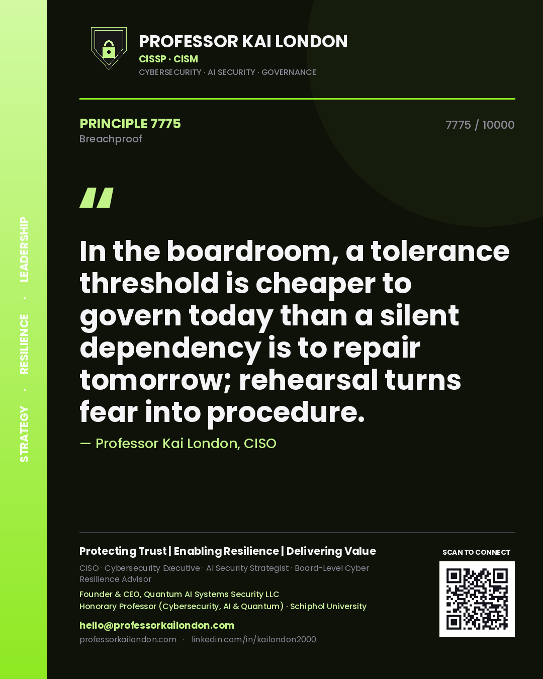 Professor Kai London principle 7775: In the boardroom, a tolerance threshold is cheaper to govern today than a silent dependency is to repair tomorrow; rehearsal turns fear into procedure.