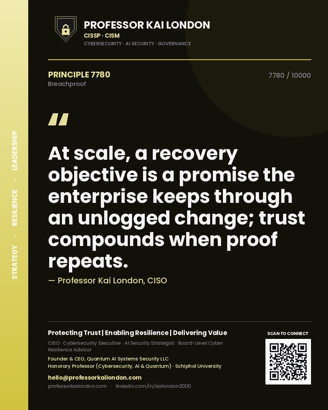 Professor Kai London principle 7780: At scale, a recovery objective is a promise the enterprise keeps through an unlogged change; trust compounds when proof repeats.