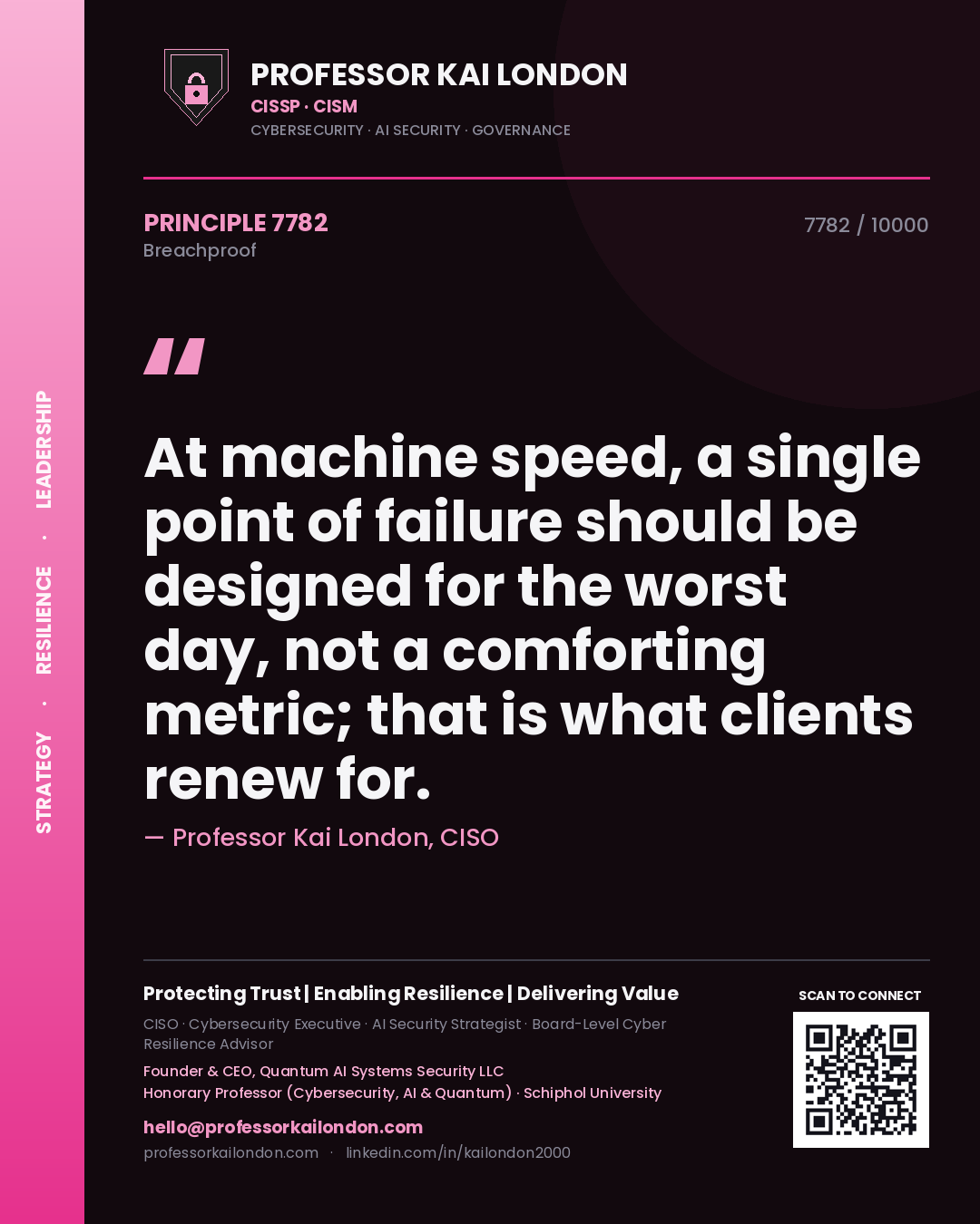 Professor Kai London principle 7782: At machine speed, a single point of failure should be designed for the worst day, not a comforting metric; that is what clients renew for.