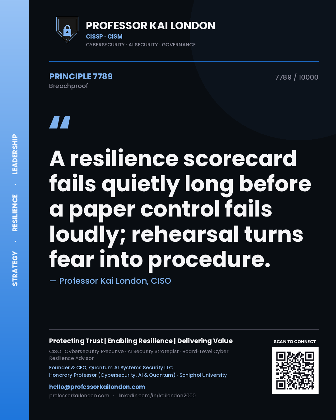 Professor Kai London principle 7789: A resilience scorecard fails quietly long before a paper control fails loudly; rehearsal turns fear into procedure.