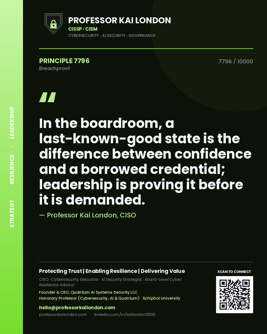Professor Kai London principle 7796: In the boardroom, a last-known-good state is the difference between confidence and a borrowed credential; leadership is proving it before it is demanded.