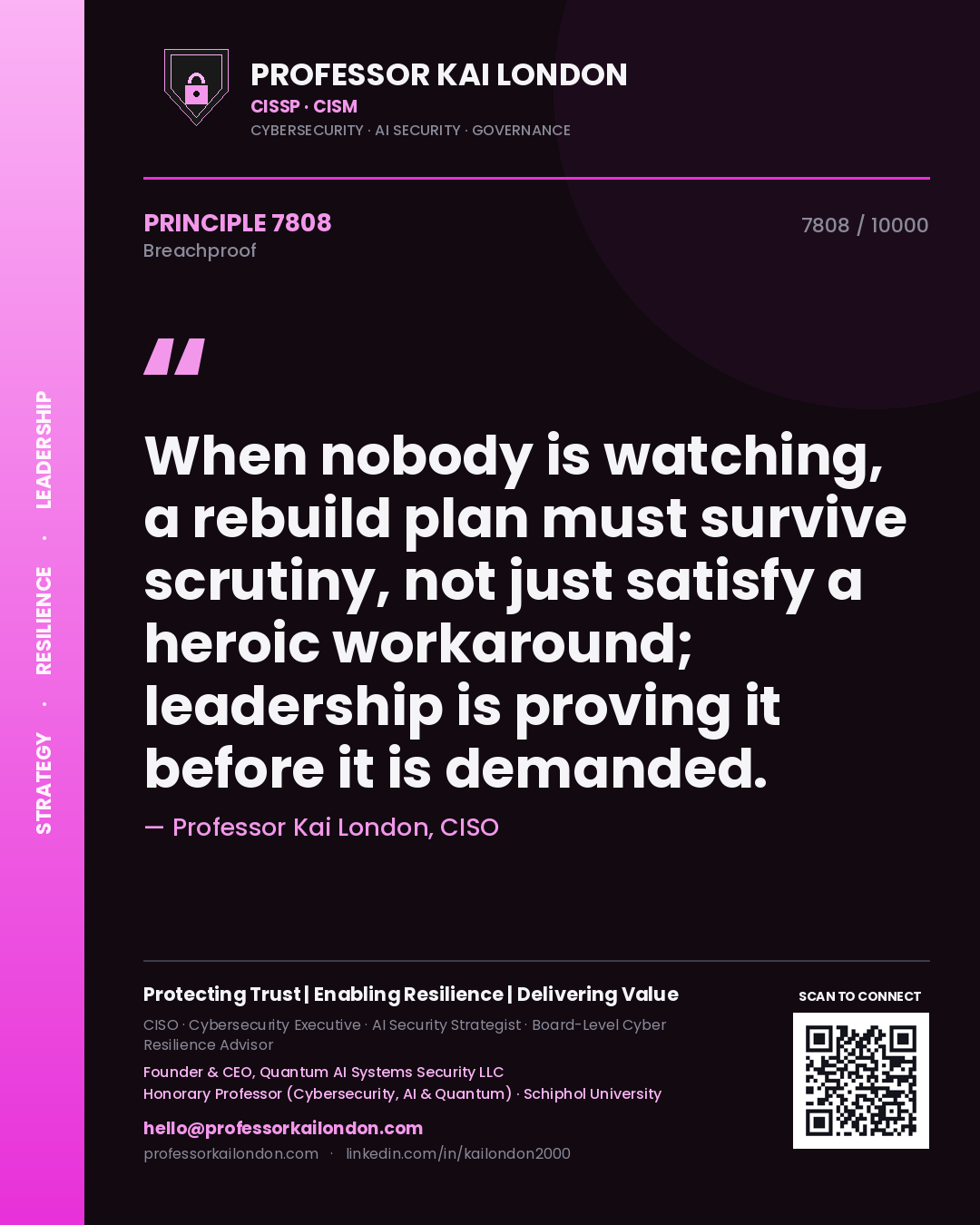 Professor Kai London principle 7808: When nobody is watching, a rebuild plan must survive scrutiny, not just satisfy a heroic workaround; leadership is proving it before it is demanded.