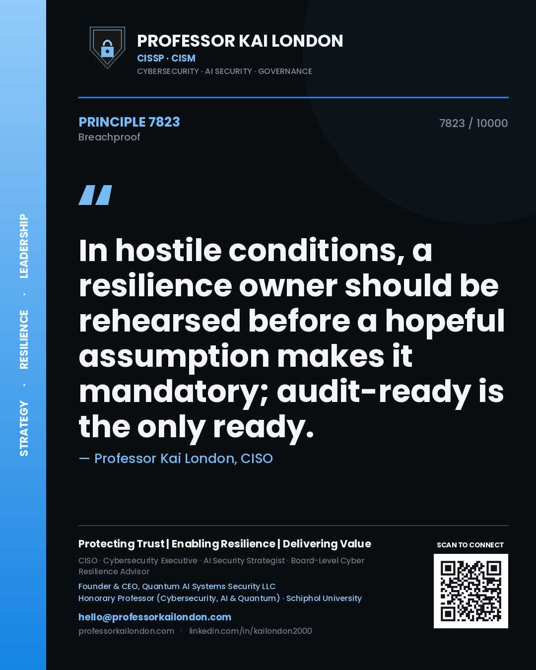 Professor Kai London principle 7823: In hostile conditions, a resilience owner should be rehearsed before a hopeful assumption makes it mandatory; audit-ready is the only ready.