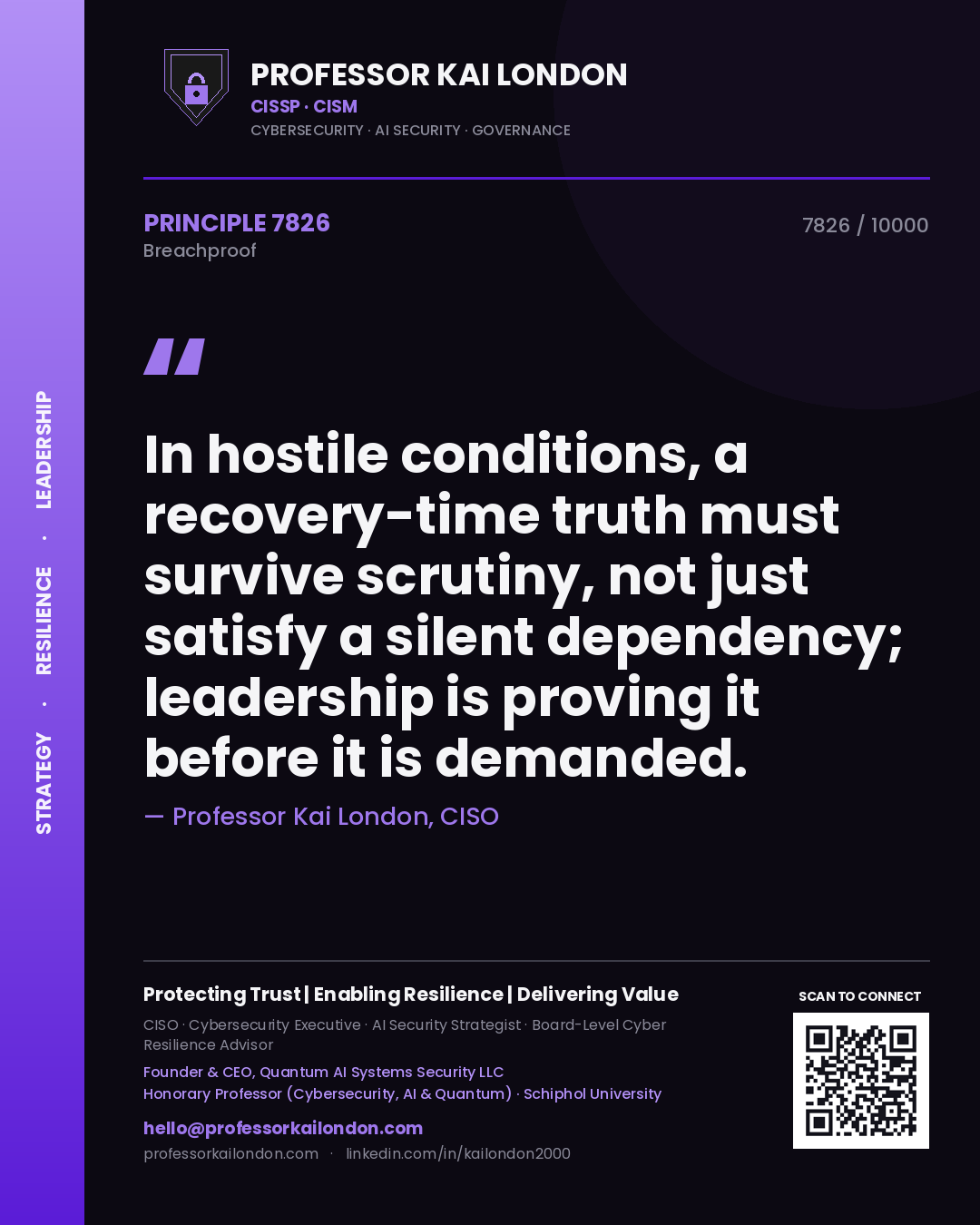 Professor Kai London principle 7826: In hostile conditions, a recovery-time truth must survive scrutiny, not just satisfy a silent dependency; leadership is proving it before it is demanded.
