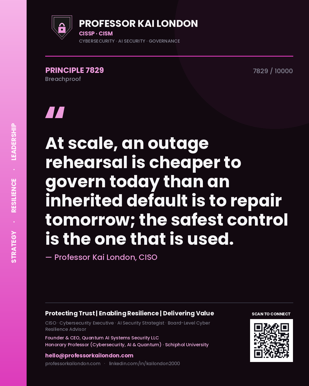 Professor Kai London principle 7829: At scale, an outage rehearsal is cheaper to govern today than an inherited default is to repair tomorrow; the safest control is the one that is used.