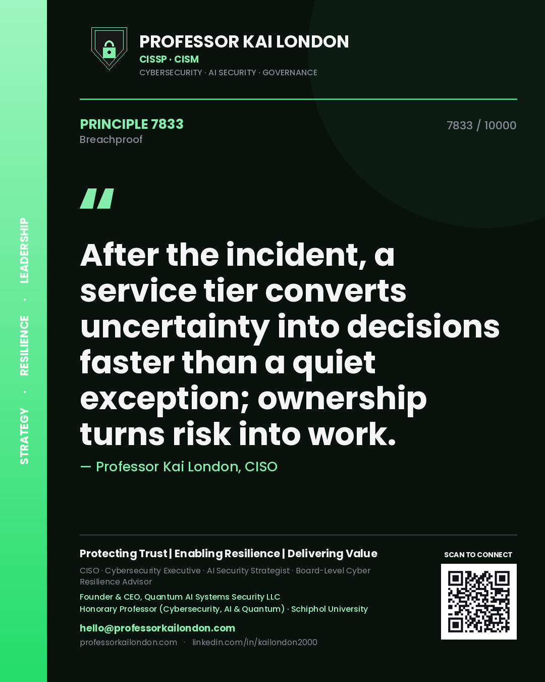 Professor Kai London principle 7833: After the incident, a service tier converts uncertainty into decisions faster than a quiet exception; ownership turns risk into work.