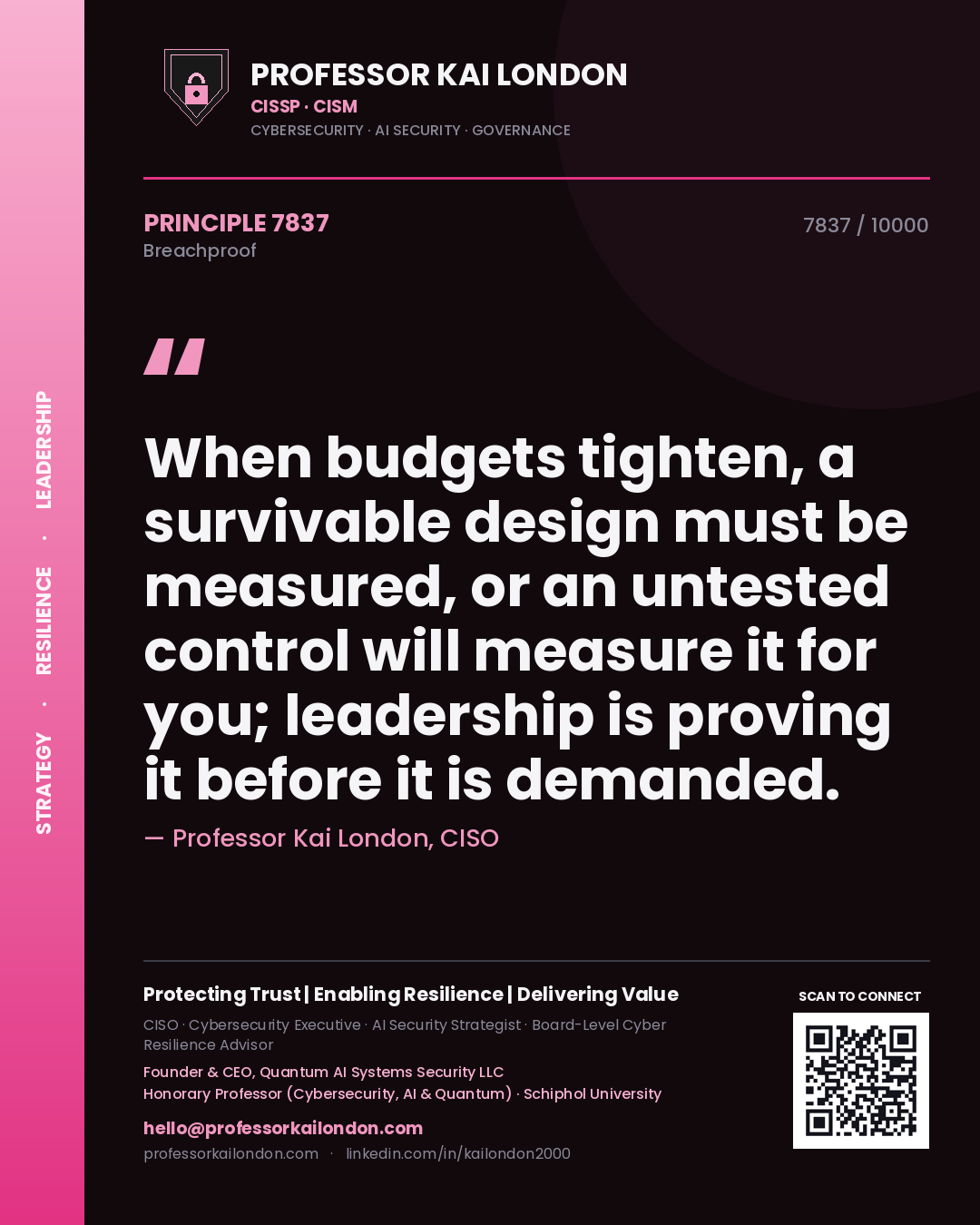 Professor Kai London principle 7837: When budgets tighten, a survivable design must be measured, or an untested control will measure it for you; leadership is proving it before it is demanded.