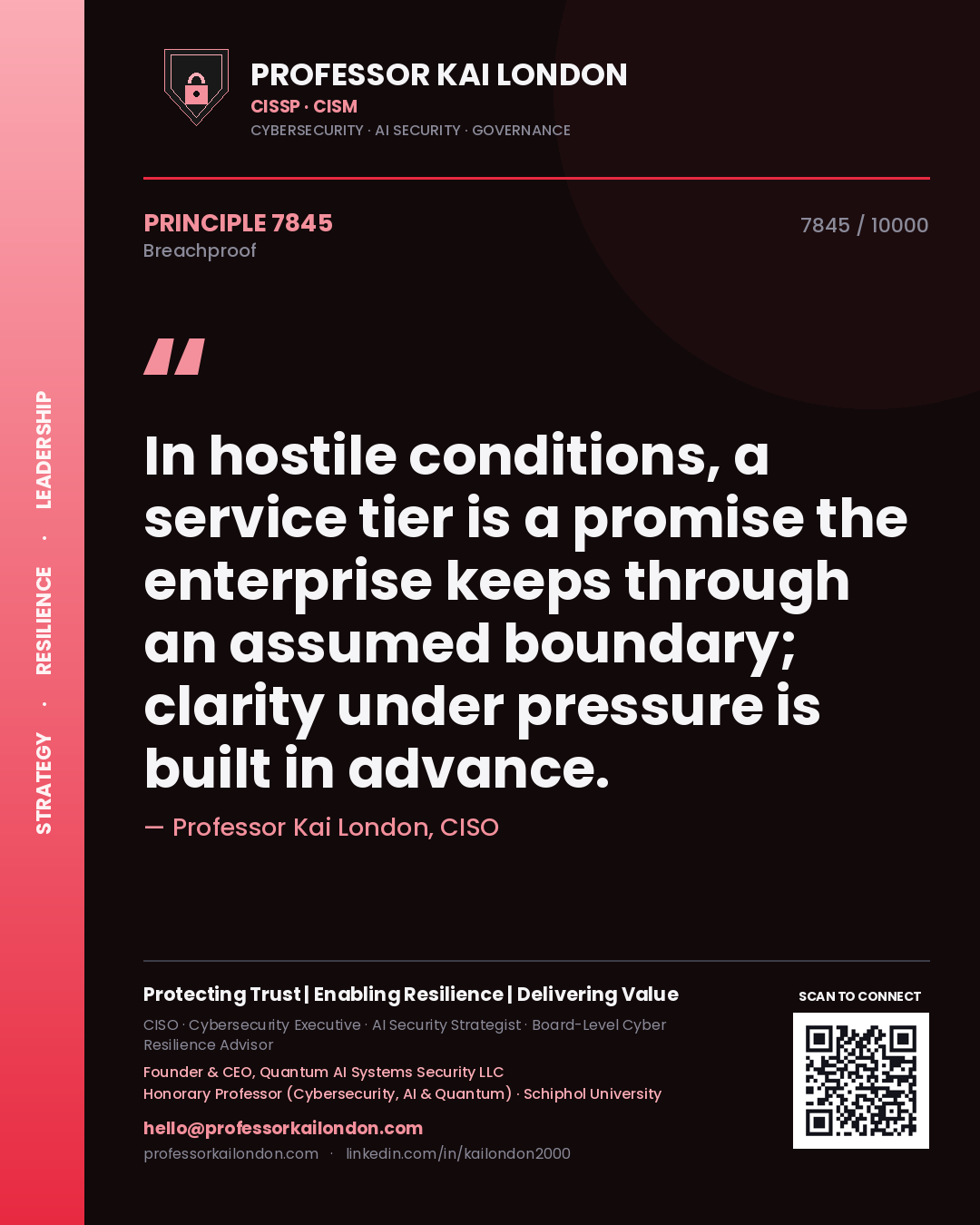 Professor Kai London principle 7845: In hostile conditions, a service tier is a promise the enterprise keeps through an assumed boundary; clarity under pressure is built in advance.