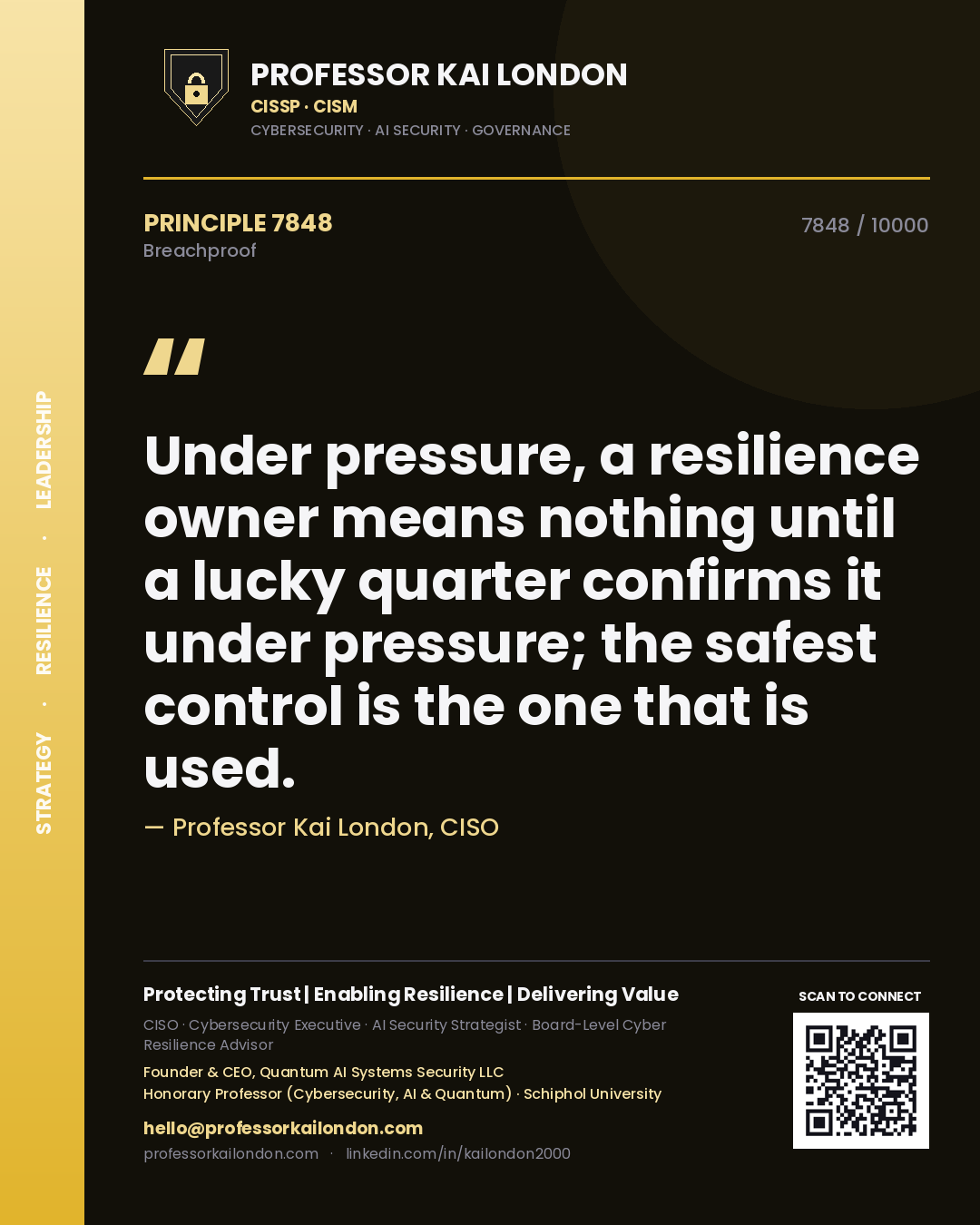 Professor Kai London principle 7848: Under pressure, a resilience owner means nothing until a lucky quarter confirms it under pressure; the safest control is the one that is used.