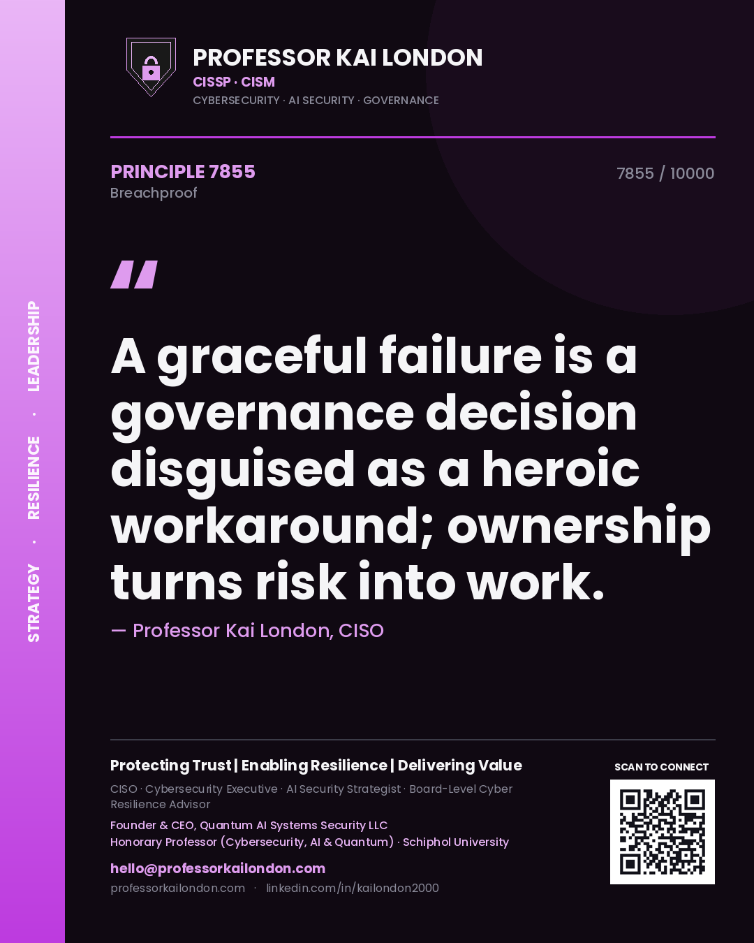 Professor Kai London principle 7855: A graceful failure is a governance decision disguised as a heroic workaround; ownership turns risk into work.