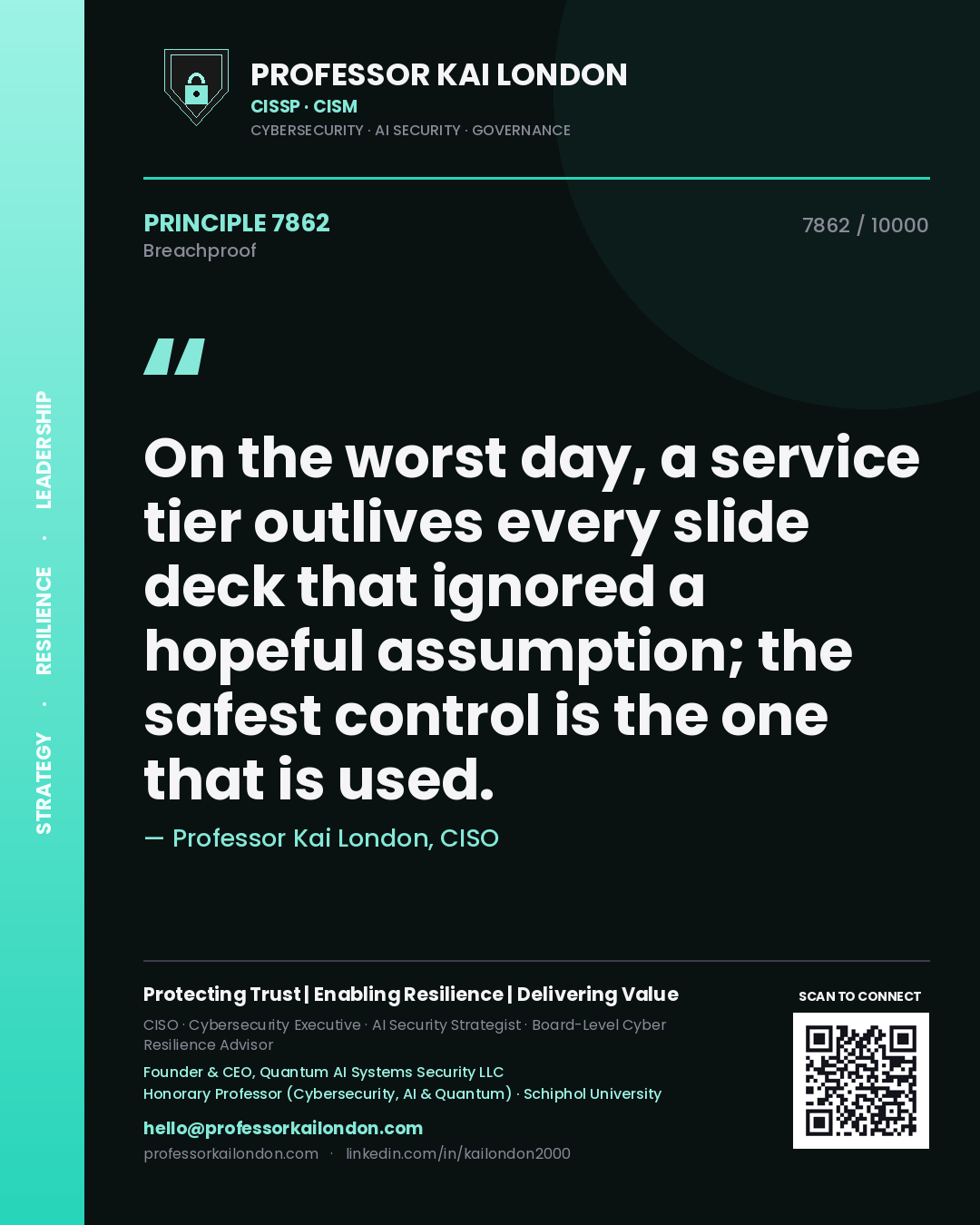 Professor Kai London principle 7862: On the worst day, a service tier outlives every slide deck that ignored a hopeful assumption; the safest control is the one that is used.