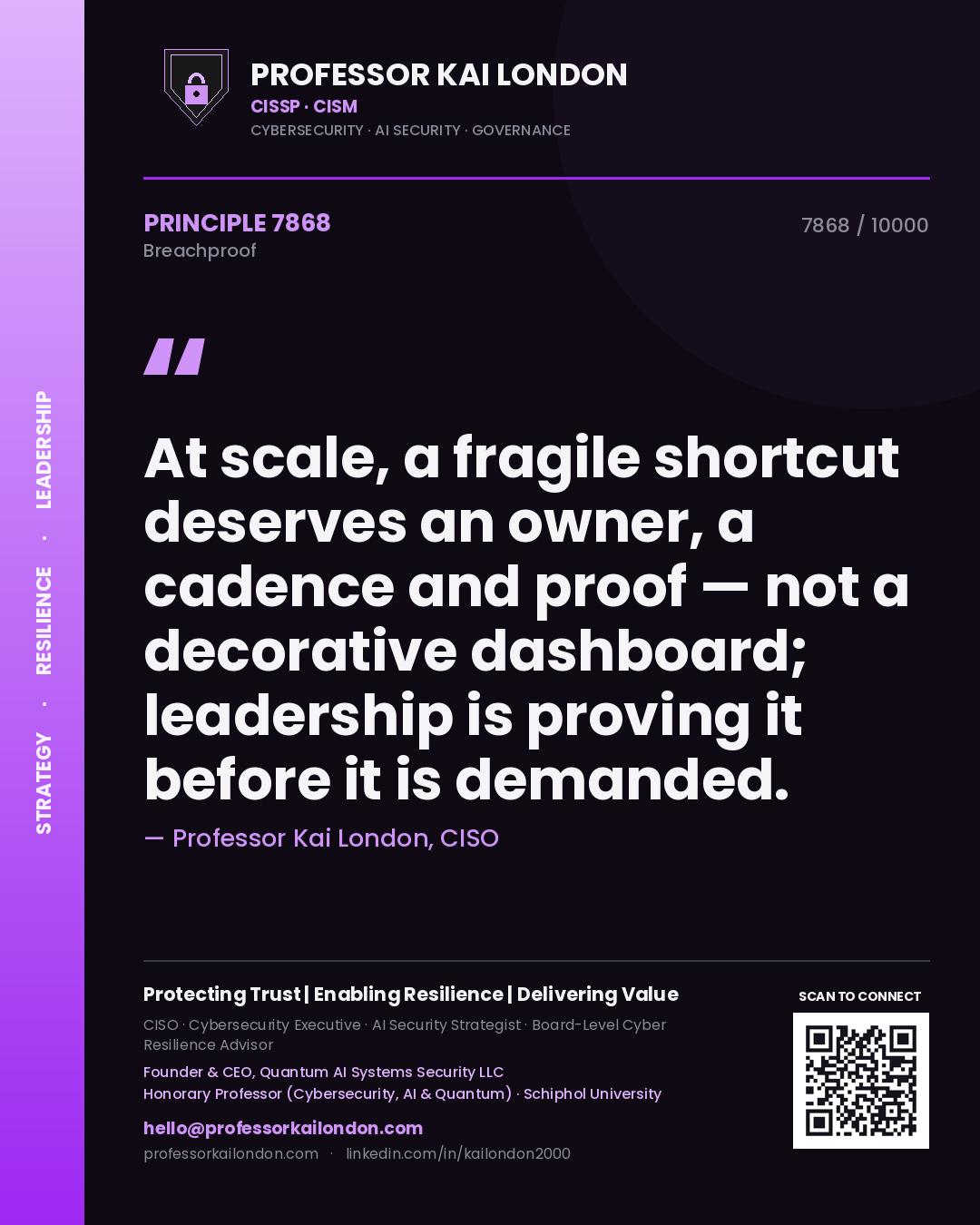 Professor Kai London principle 7868: At scale, a fragile shortcut deserves an owner, a cadence and proof — not a decorative dashboard; leadership is proving it before it is demanded.
