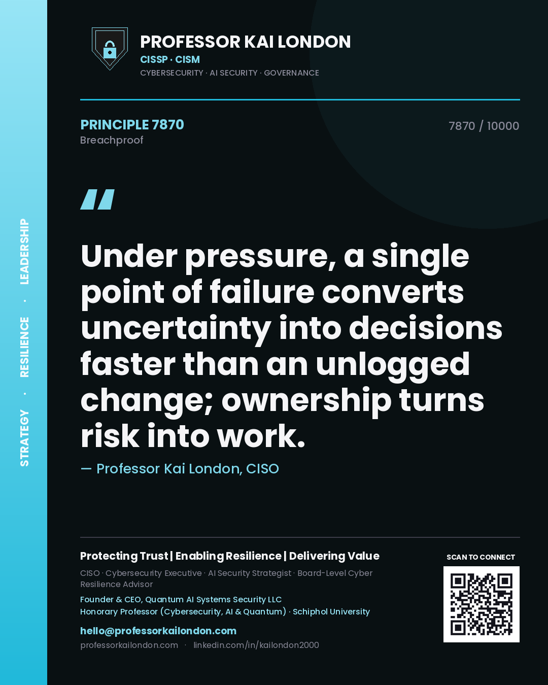 Professor Kai London principle 7870: Under pressure, a single point of failure converts uncertainty into decisions faster than an unlogged change; ownership turns risk into work.